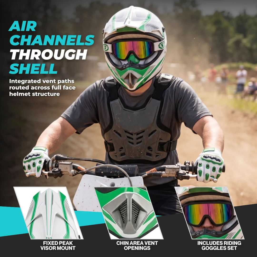 Zintegrowany kask motocrossowy z goglami i rękawicami. Sprzęt do jazdy na rowerze górskim i motocyklu. Zintegrowany kask motocrossowy z goglami i rękawiczkami. Sprzęt do jazdy na rowerze górskim i motocyklu.