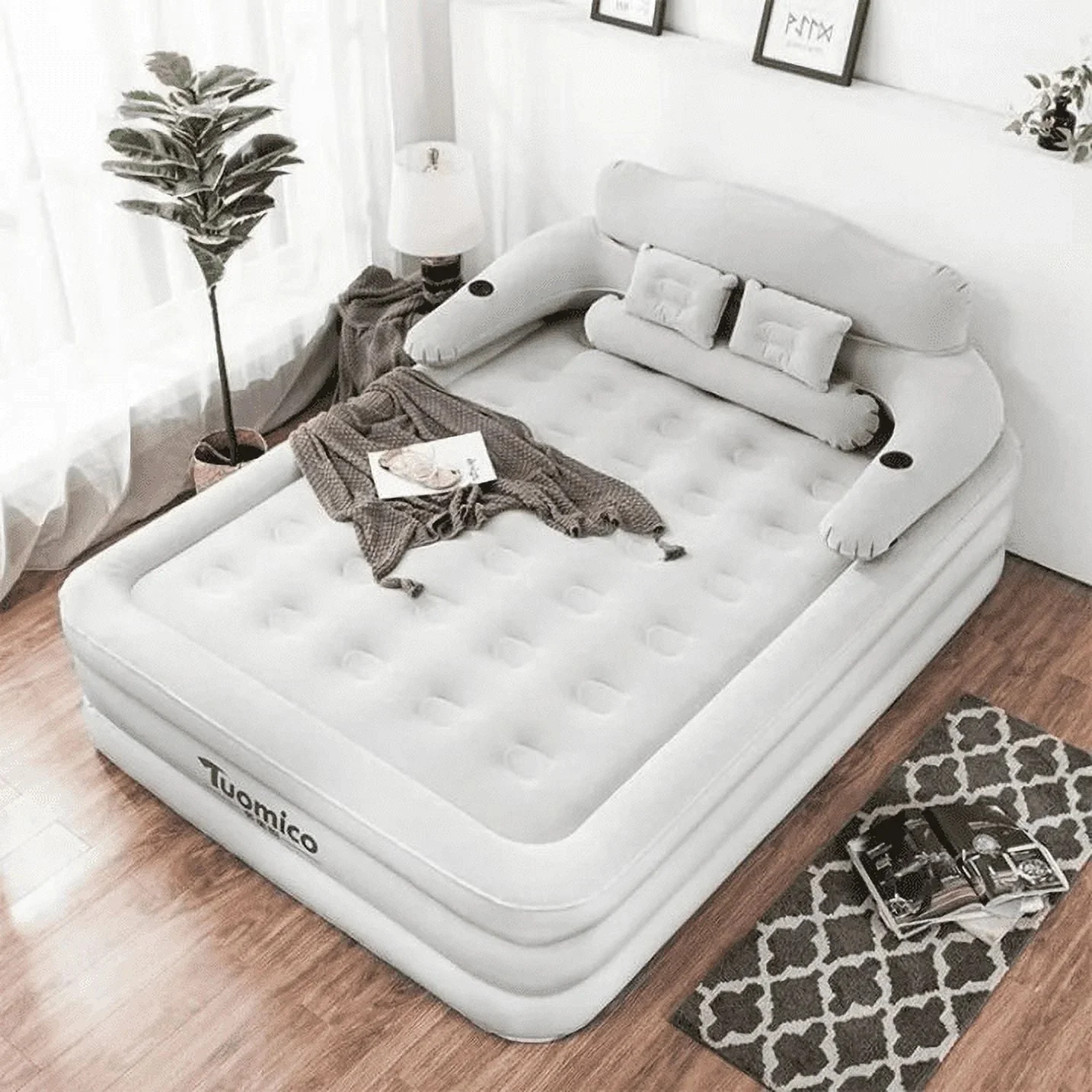 Queen Air Mattress with Backrest �C 18.9" Thick Inflatable Bed, Built-in Pump Night Light, Waterproof Flocked Top, 800lb Load-Bearing capacity (Light Grey)(Light Grey) - Image 10