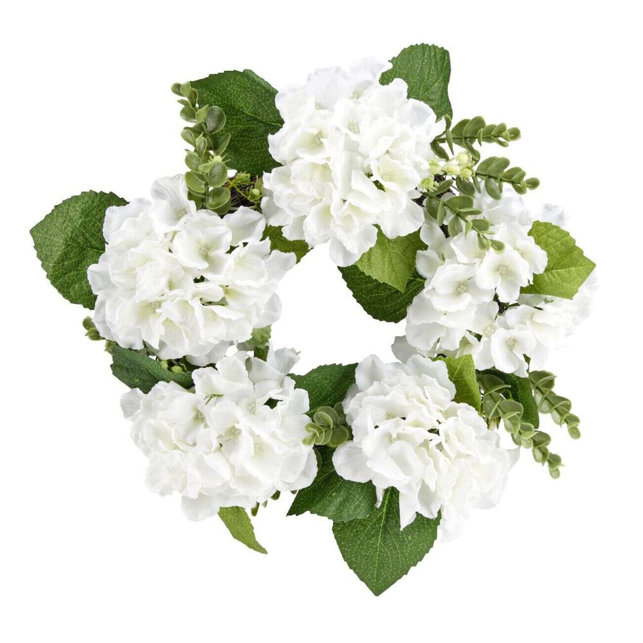 Couronne d'hortensias et feuillage 5 tiges Ø38cm