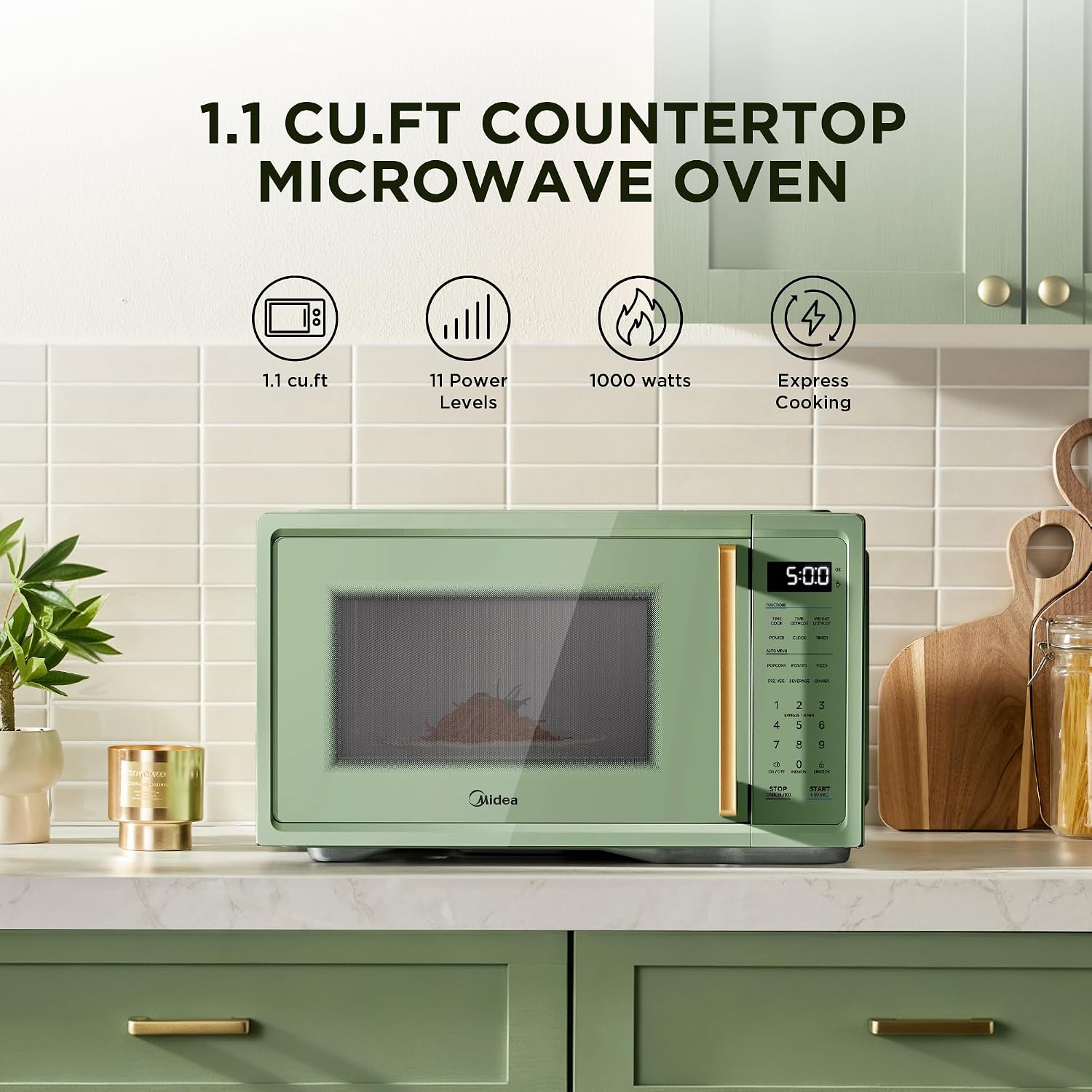 Midea Retro Countertop Microwave, 1.1 CuFt, 1000W, 6 Presets, Sage Green