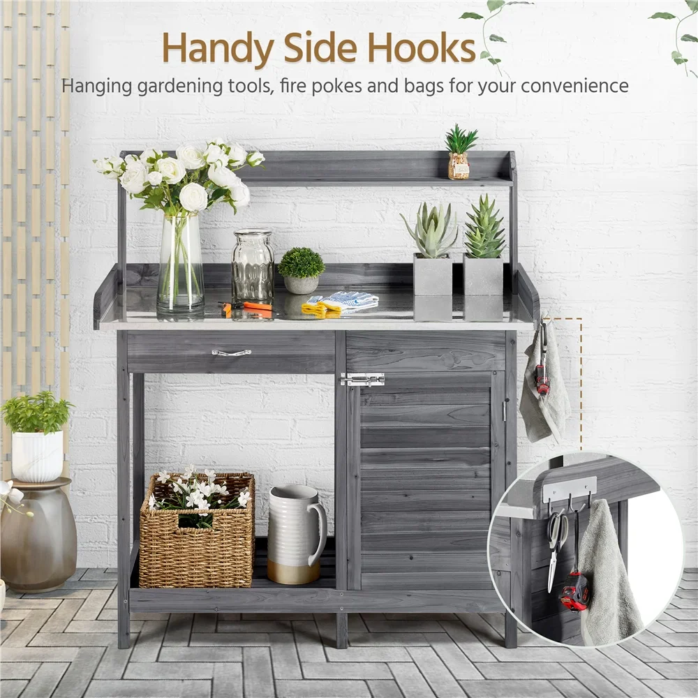 SmileMart Wooden Garden Potting Bench Table with Cabinet, Gray