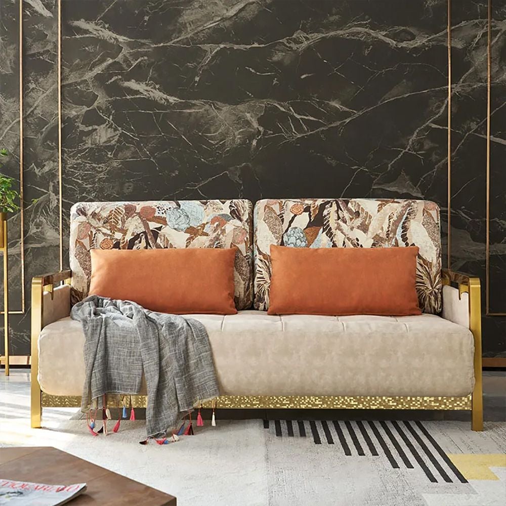 Canapé-lit convertible moderne Queen, métal doré, revêtement beige, coussins inclus