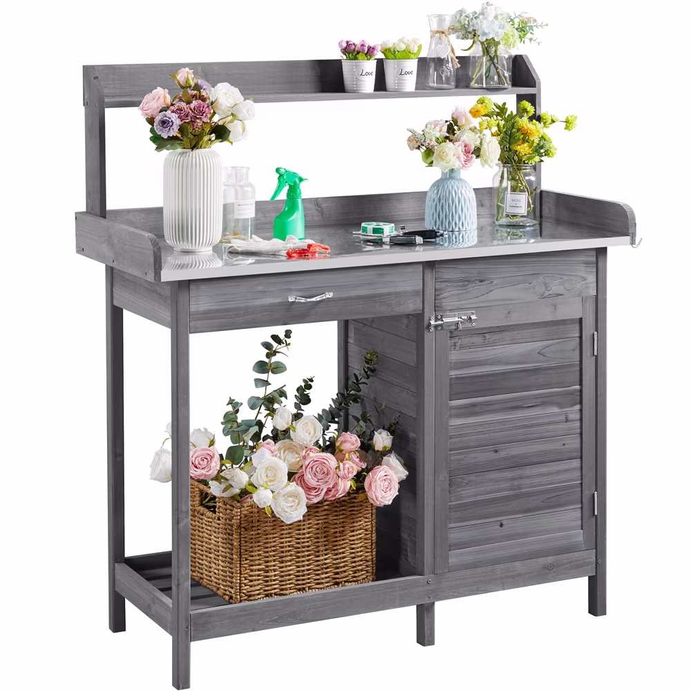 Renwick Outdoor Garden Potting Bench W/Cabinet Drawer Open Shelf, Gray