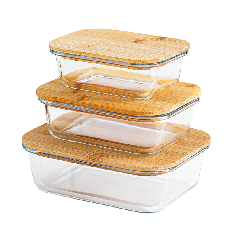 Durable High Borosilicate Glass Classic Design Eco-Friendly Food Container Set Airtight Bamboo Lids 3-Piece Heat Resistant Bowls