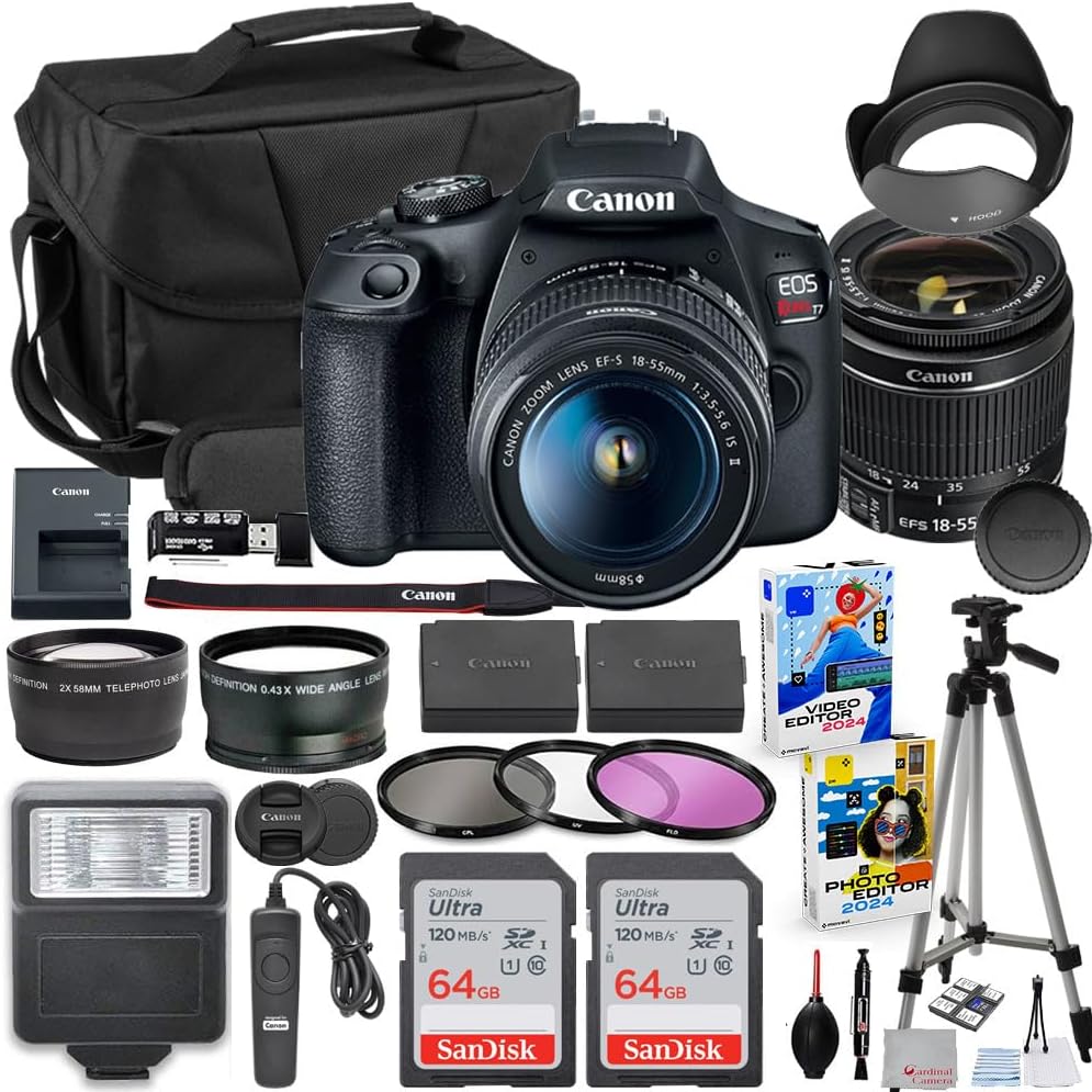 Canon EOS Rebel T7 DSLR Camera with 18-55mm Lens Bundle with Extra Canon Battery + 2X 64GB Memory Cards + Accessory Kit Including Bag  Flash  Remote  Aux Lenses  Software & More