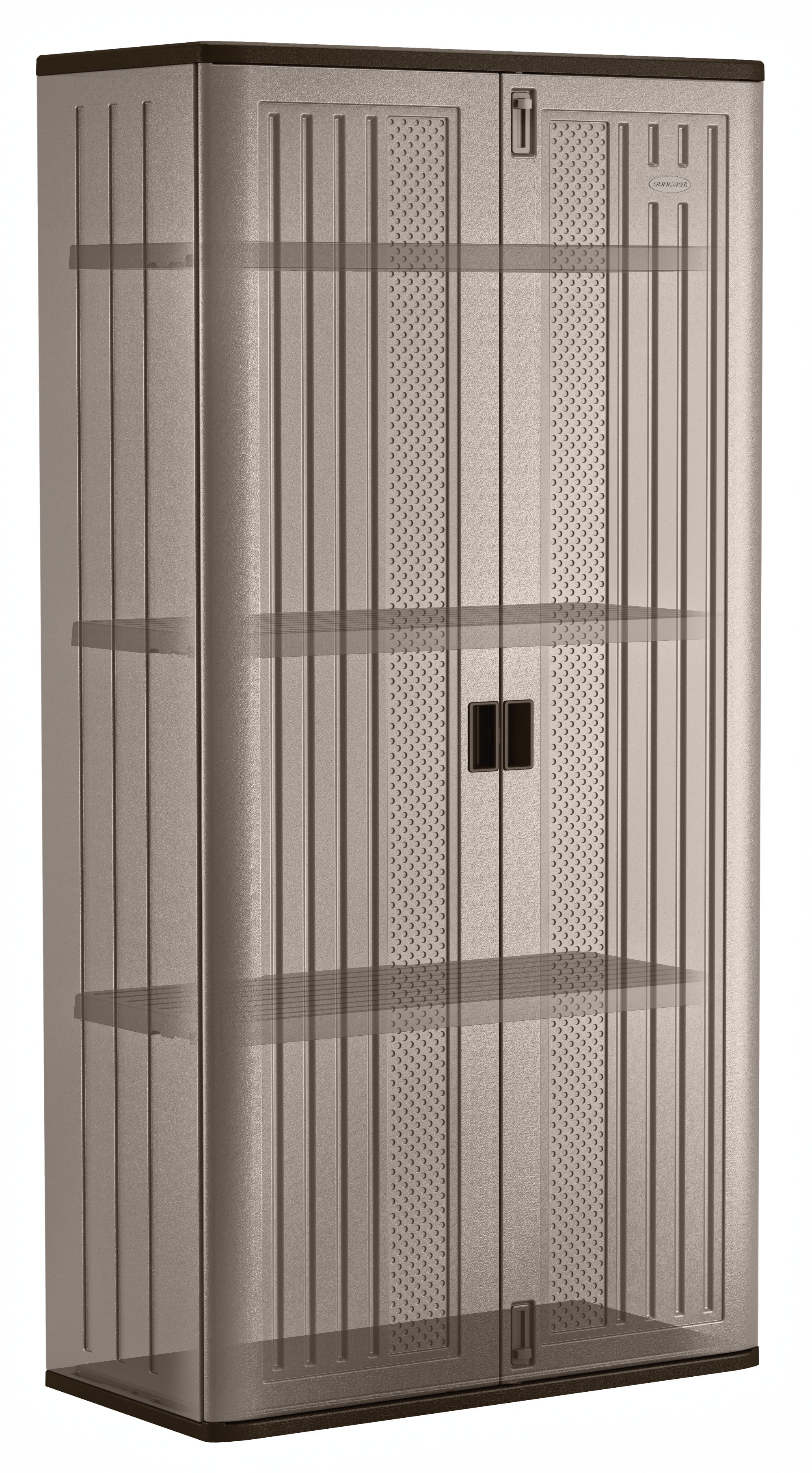 Suncast Mega Tall Resin Outdoor Storage Cabinet with 3 Shelves, Platinum Metallic