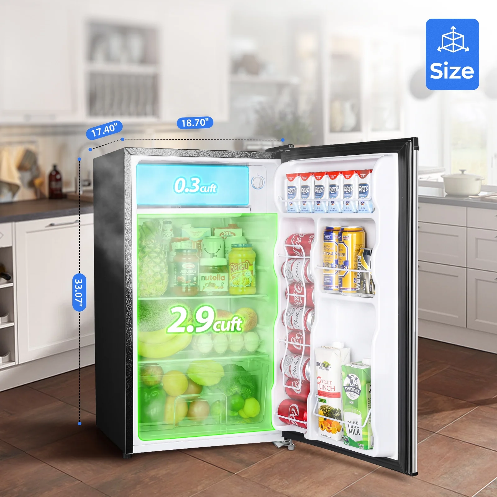3.2 Cu.Ft. Mini Fridge with Freezer Single Door Small Refrigerator Adjustable Thermostat Compact Fridge with Reversible Door, Low Noise, BR321 Black(Black) - Image 6