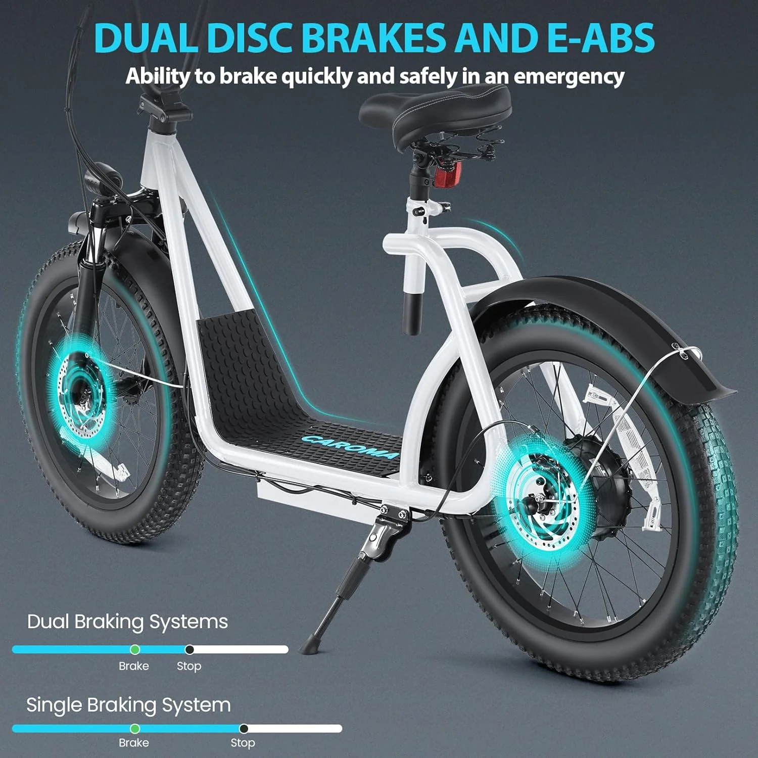 Trottinette électrique pliable Caroma Peak 800W pour adultes, avec pneus de 20 pouces de large, batterie 48V, panier et siège réglable.