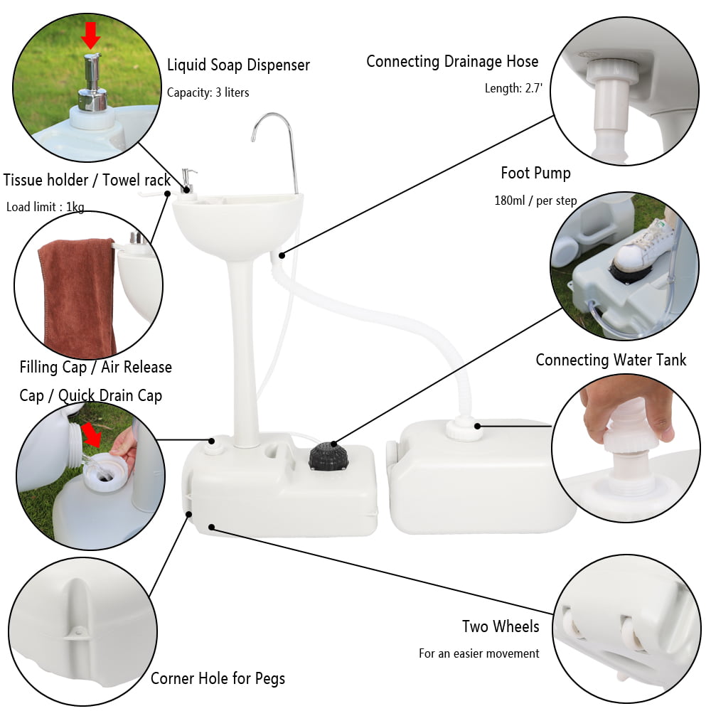 Portable Camping Sink Hand Wash Station Basin Water Tank White