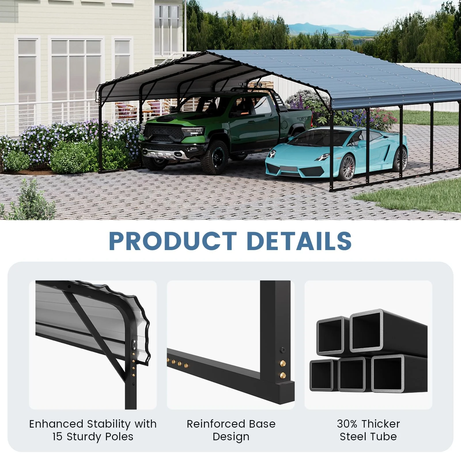 20x20ft Heavy Duty Carport, Steel Carport with Galvanized Steel Roof and Frame, Portable Garage for 2 Cars, Rv, Tractors and Boat, Gray(20' x 20') - Image 6