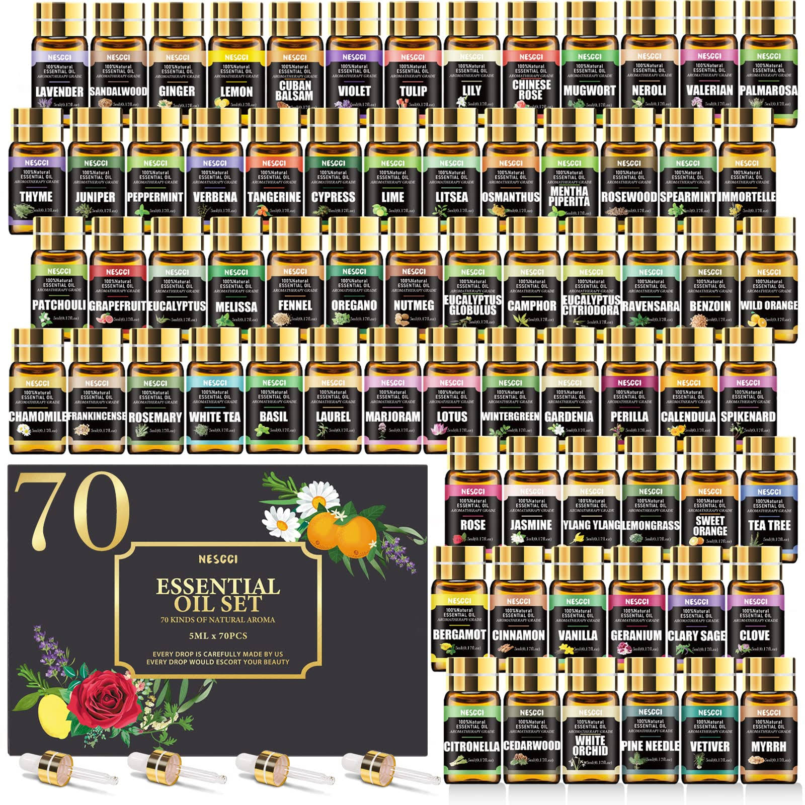 NESCCI 70 Pcs Essential Oil Set -100% Natural Essential Oils-Perfect for Diffuser, Humidifier, Aromatherapy, Massage,Soap, Candle Bath Bombs Making,