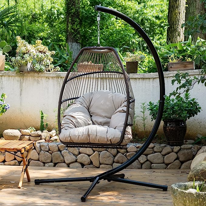 Fauteuil suspendu en forme d'œuf, fauteuil hamac, fauteuil panier, balancelle suspendue, coussin résistant aux UV avec support pour chambre intérieure, jardin extérieur