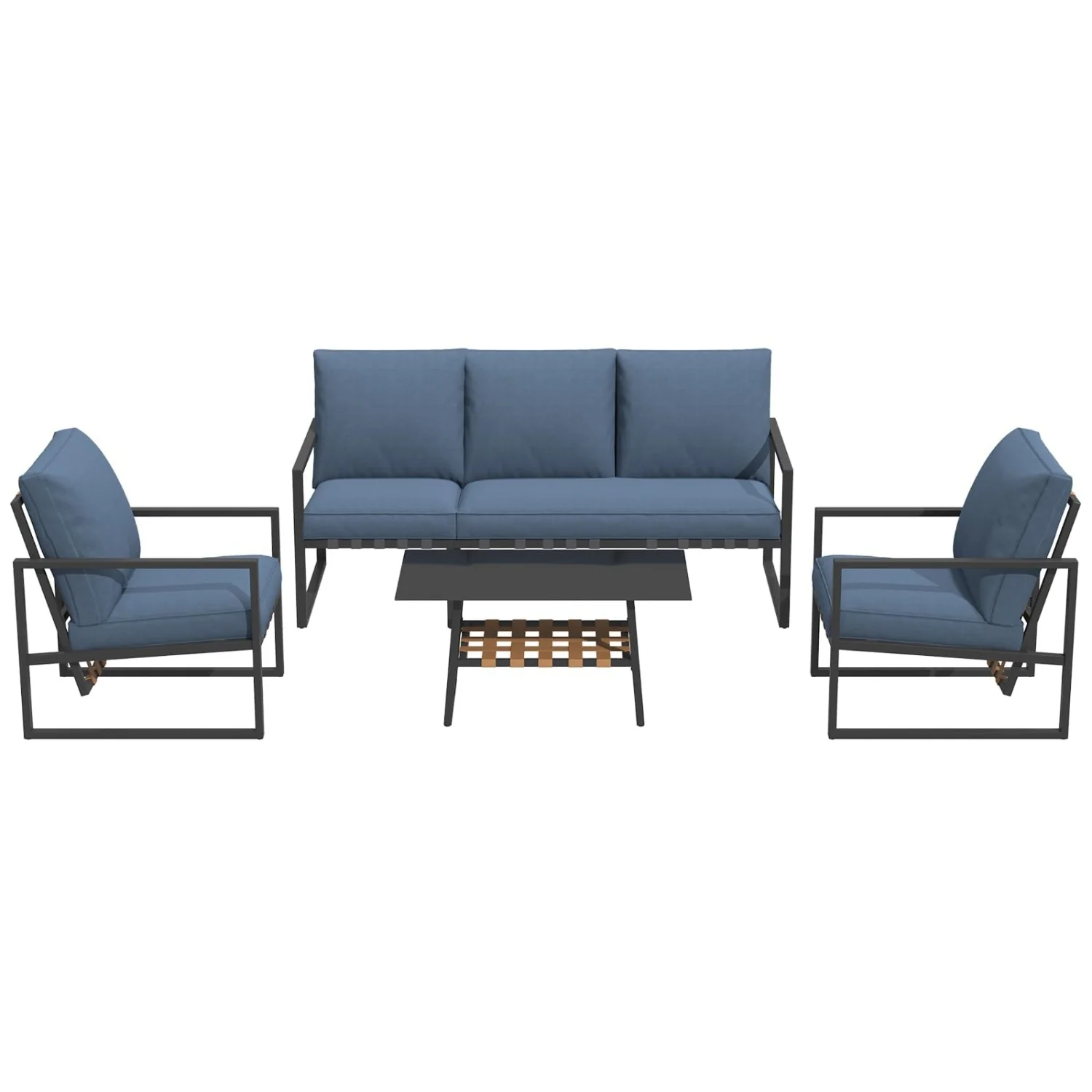 AECOJOY 4-Piece Outdoor Garden Furniture Set, 3-Seater Sofa & 2 Armchairs with Glass Coffee Table, Dark Blue