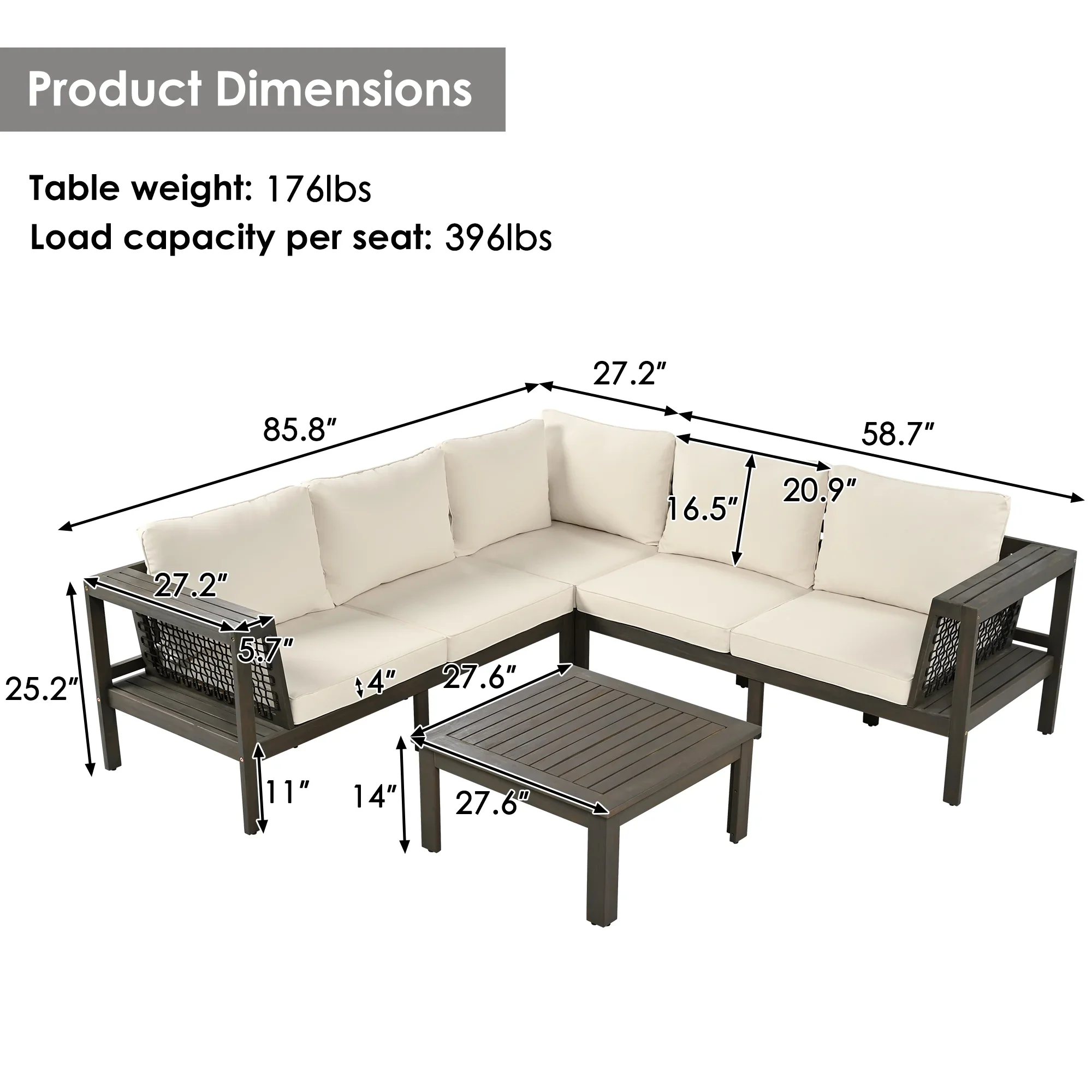 Harper & Bright Designs Patio L-Shaped Conversation Sectional Sofa Set with Coffee Table, Outdoor Acacia Wood Seating Group with Side Table for Backyard Garden, Beige, Grayish Brown