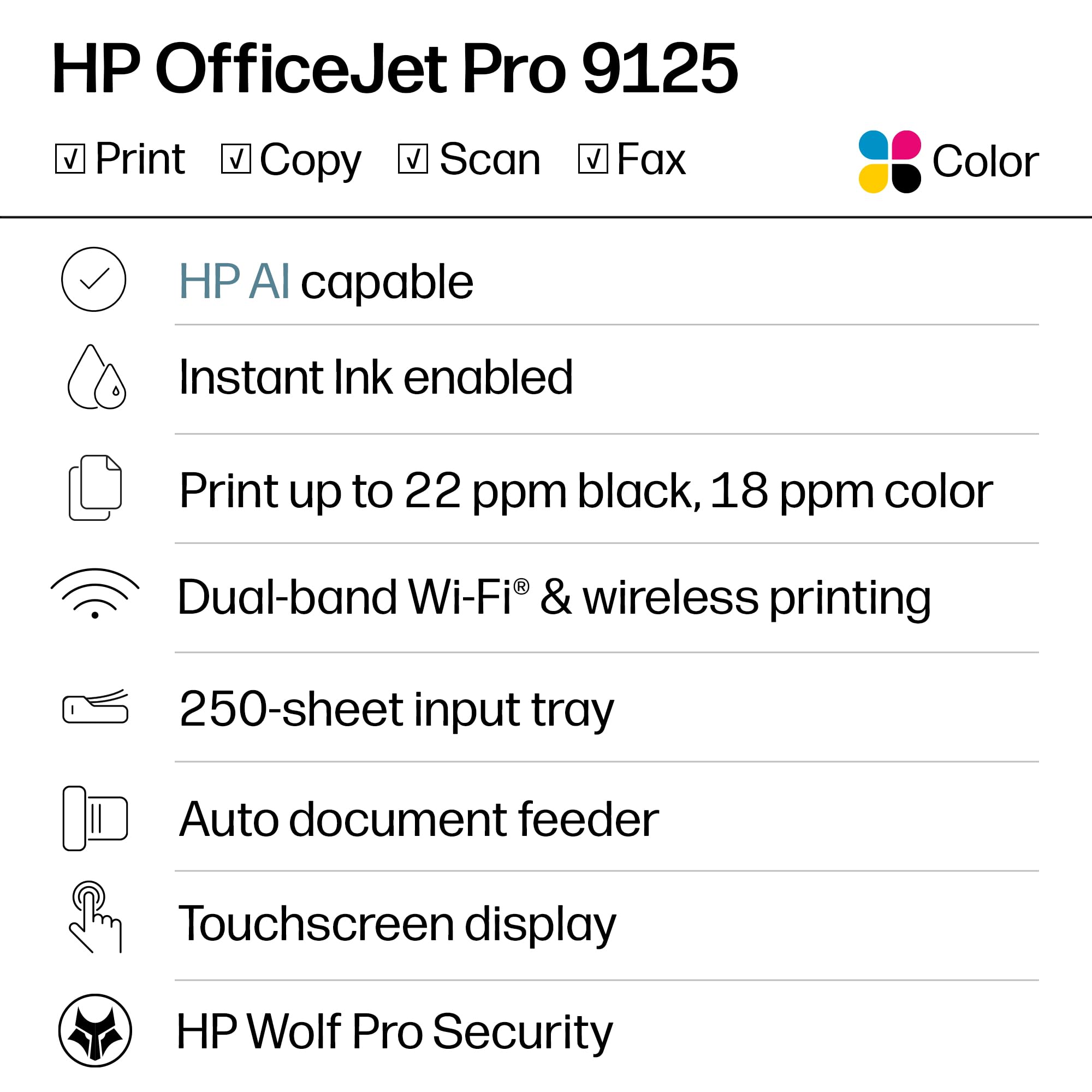 OfficeJet Pro 9125 Wireless All-in-One Color Inkjet Printer, Print, Scan, Copy, Fax, ADF, Duplex Print/scan, Best-for-Office, 3 Month Trial of Instant Ink Included, AI-Capable (C2VZ0A)