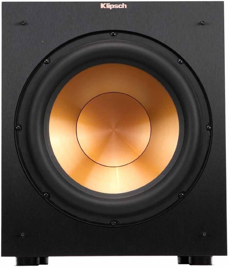 R-12SW Caisson de basses puissant à rayonnement direct, haut-parleur frontal de 12 pouces à membrane en cuivre, puissance numérique de 400 W, dimensions : 14 po x 18,5 po x 16 po