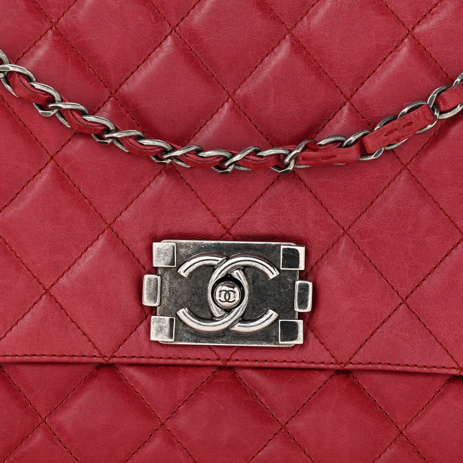 Glazed Calfskin Quilted Soft Boy Flap Red