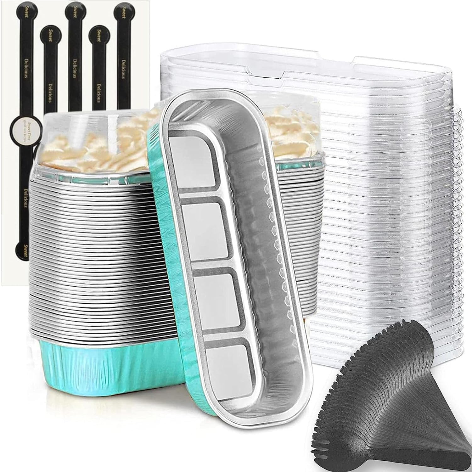 Findful Mini Loaf Baking Pans with Lids and Spoons (50 Pack, 6.8oz) Rectangular Aluminum Foil Baking Pans Tins Containers - Cupcake Containers Wrappers Cheesecake Creme Brulee Ramekins