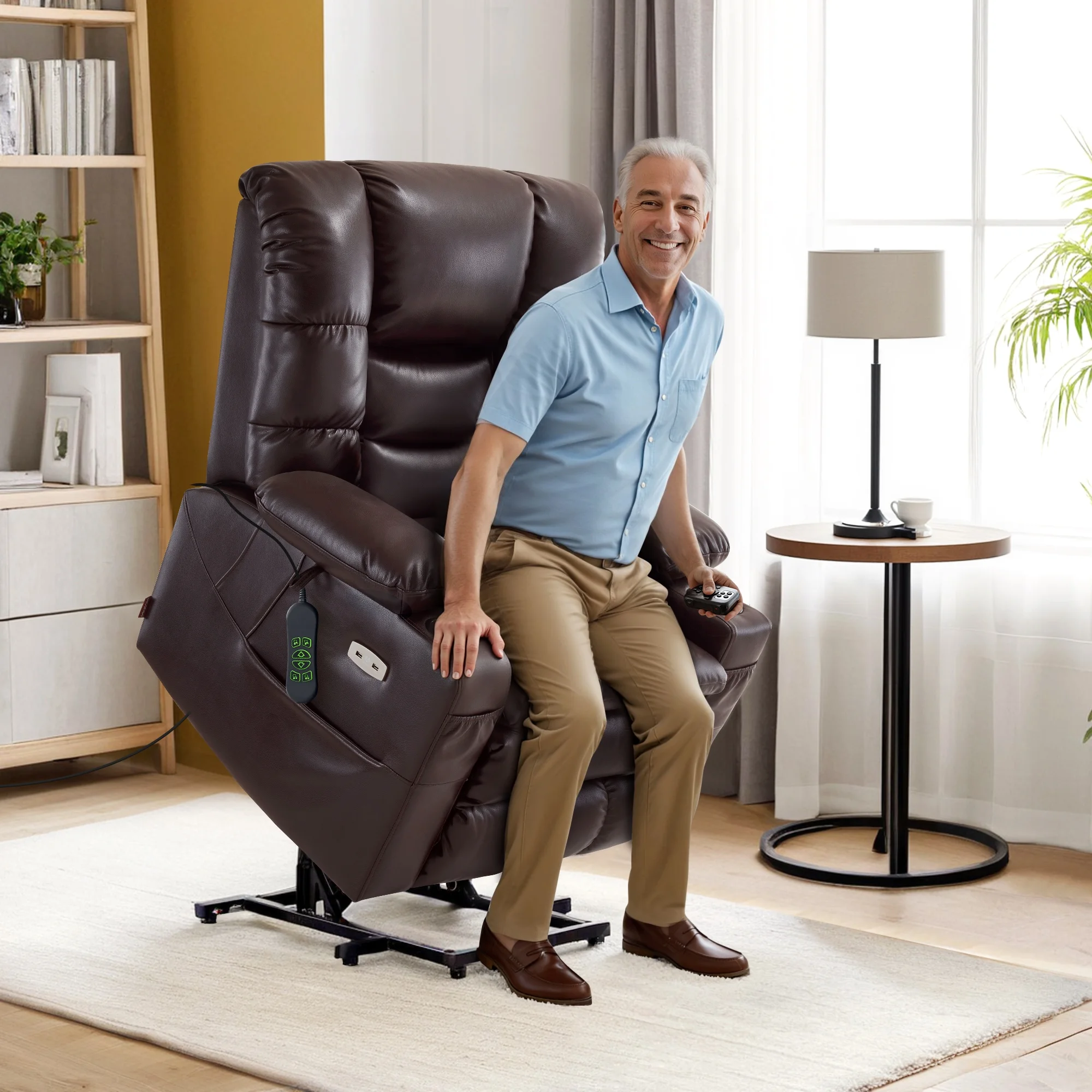 Mcombo Triple Motor Power Lift Recliner for Elderly, Sleep Recliner Sofa with Adjustable Headrest, Faux Leather, Dark Brown