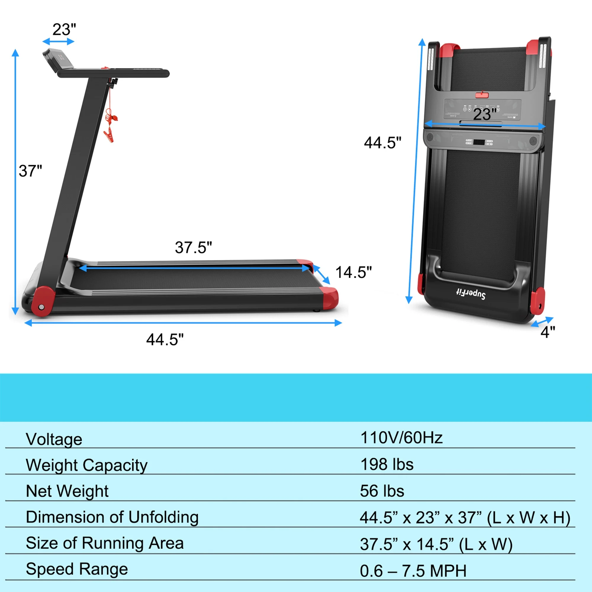 Electric Folding Treadmill Portable Cardio Running Machine w/ APP Control Red(Red) - Image 2