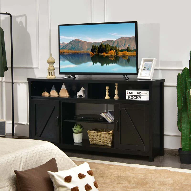 59" Farmhouse TV Stand for TVs Up to 65 Inches, Wood Entertainment Center Media Console Cabinet with Double Barn Doors & Adjustable Shelves