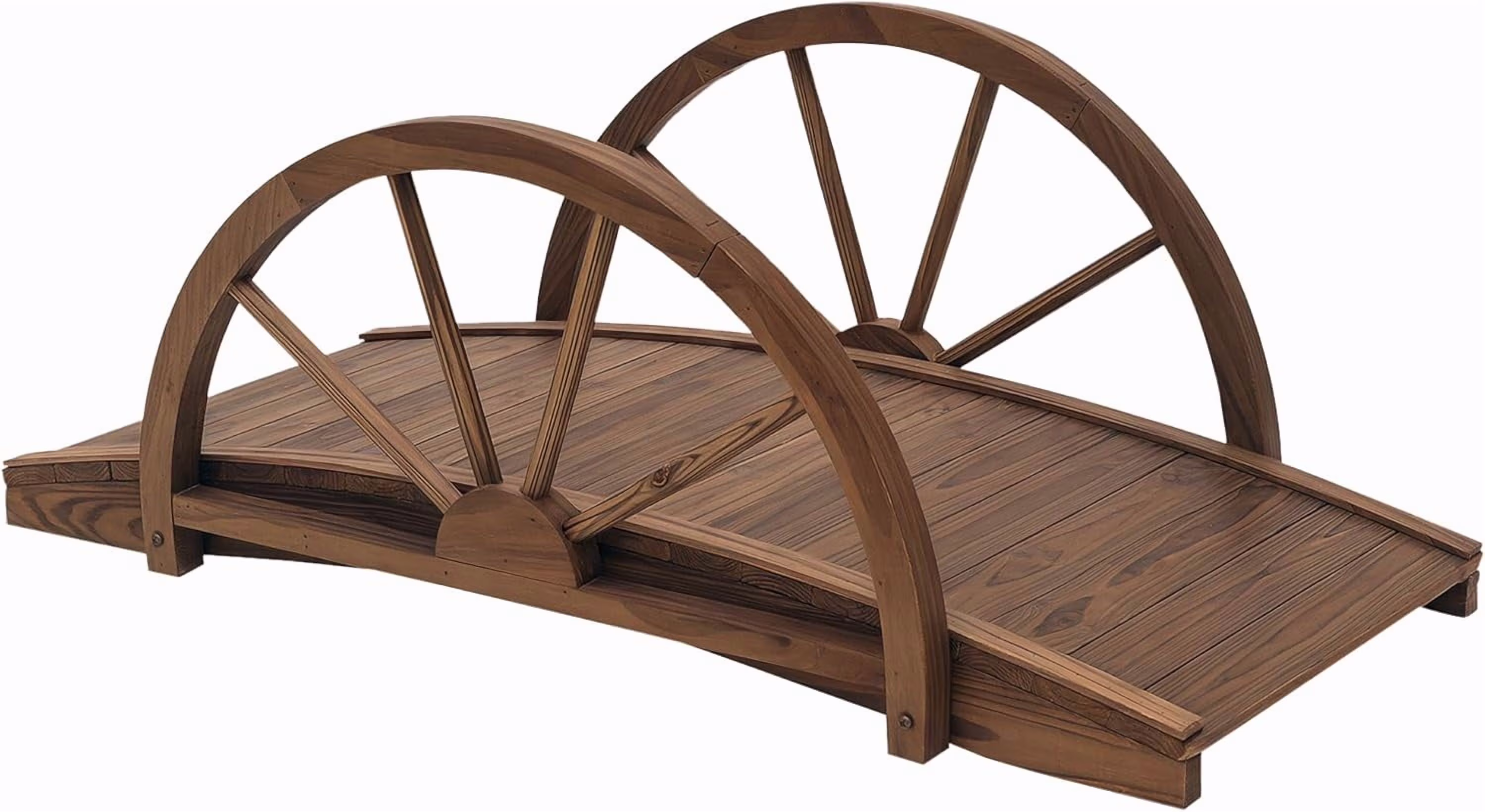 3.3ft Wooden Garden Bridge Arc Footbridge with Half-Wheel Style Railings & Solid Fir Construction, Stained Wood