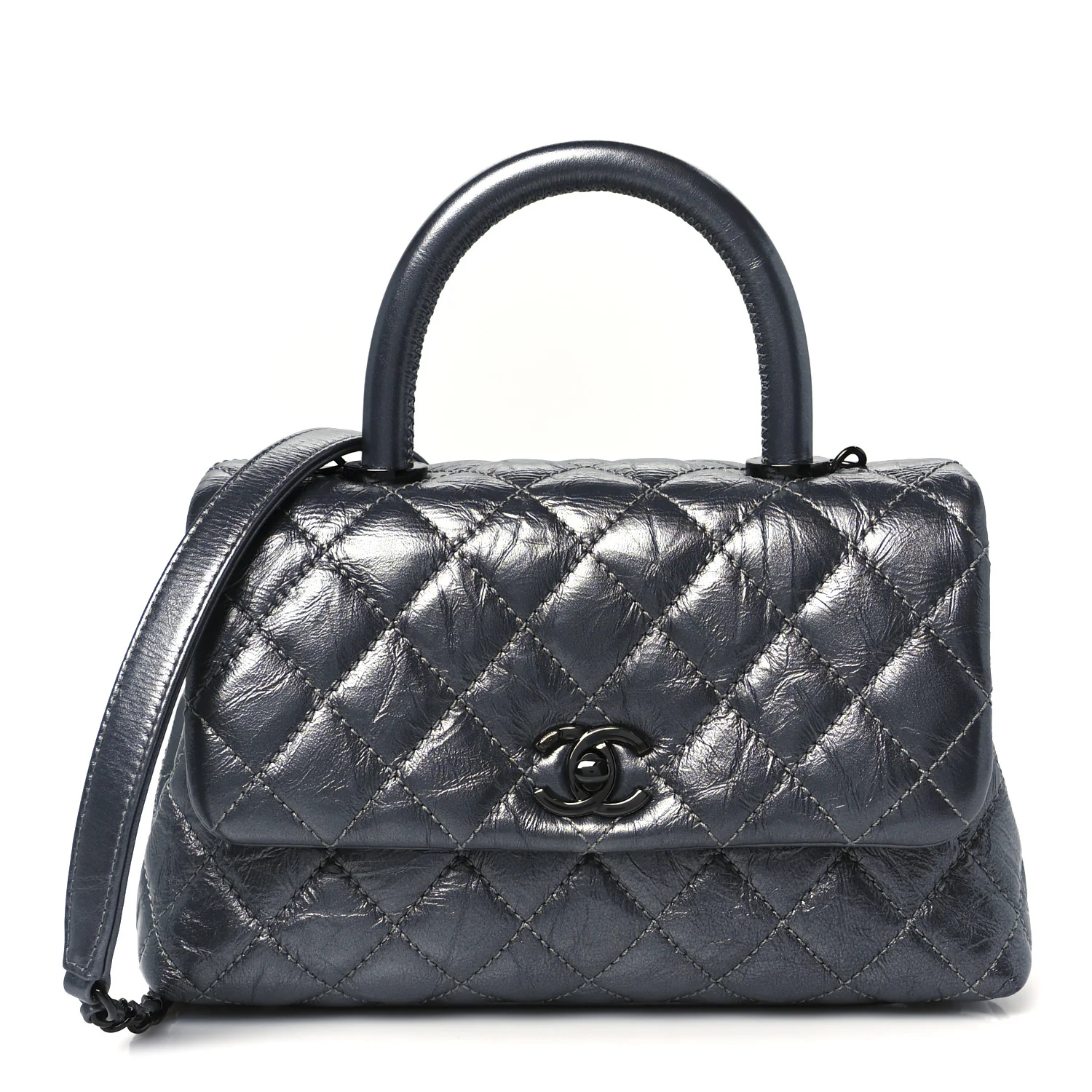 Metallic Aged Calfskin Quilted Mini Coco Handle Flap Charcoal