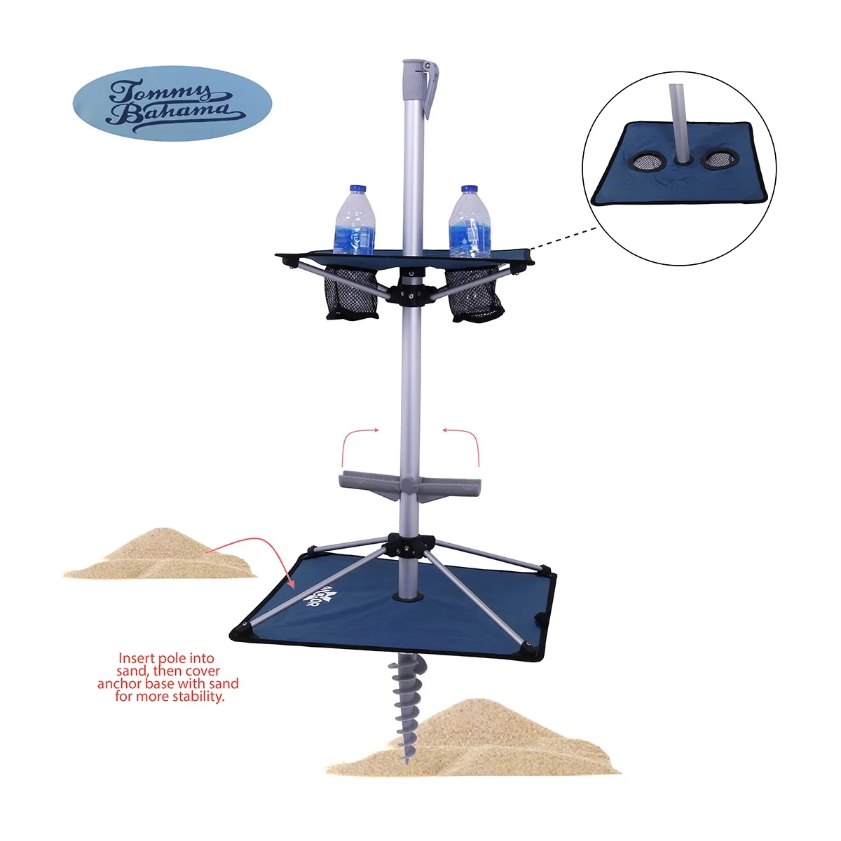 7 ft Fiberglass Beach Umbrella for Sand with Folding Anchor Base, Integrated Table, Telescopic Aluminum Pole, UPF 50+, Tilt(Dark Blue / Light Blue Panels) - Image 3