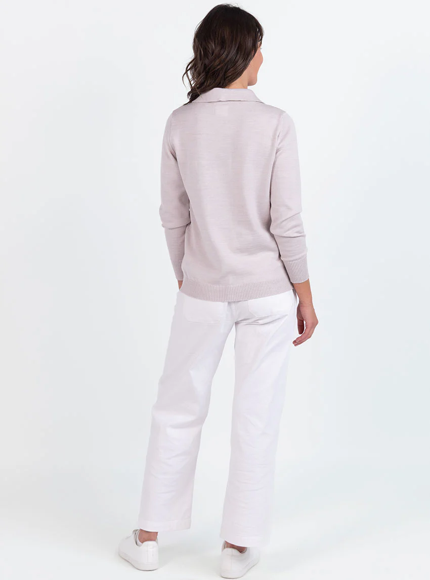 Pull femme col polo en laine beige naturel