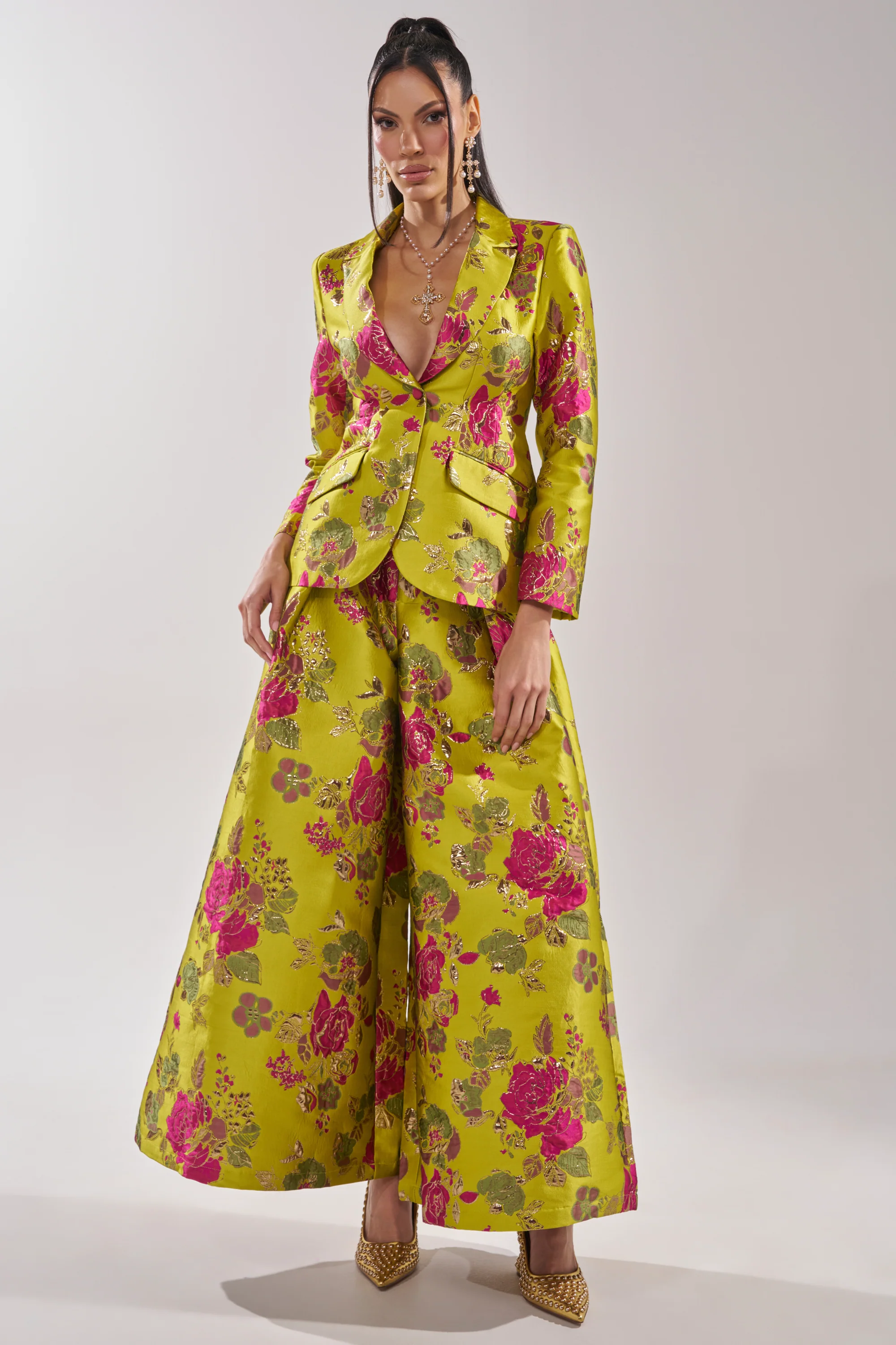 BUY MYSELF FLOWERS BROCADE TROUSER IN LIME - Akira Store
