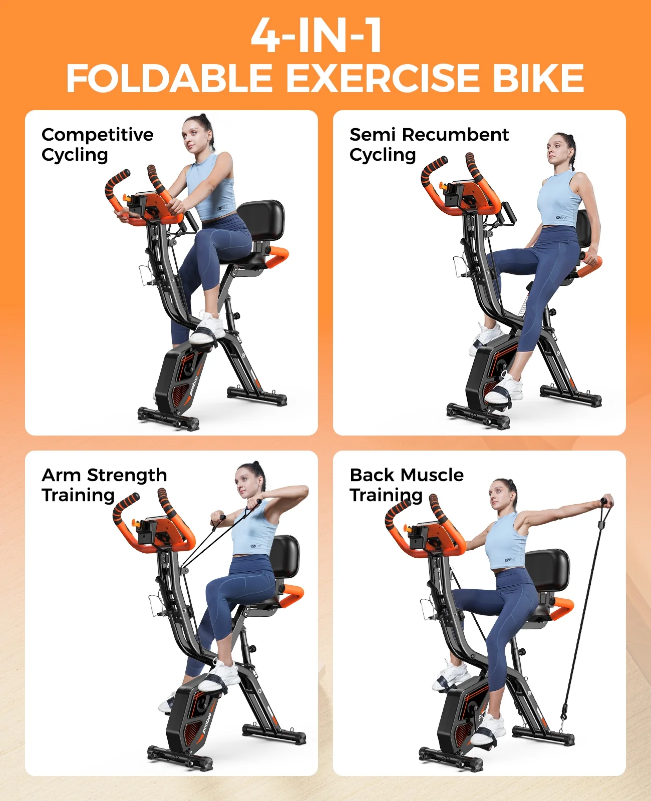 4-in-1 Exercise Bike, Foldable Stationary Bike, Tri-Position Indoor Cycling Bike with 8-Level Resistance, Arm Resistance Bands, Pulse Sensor Back Support Cushion for Home Gym Workout - Image 8