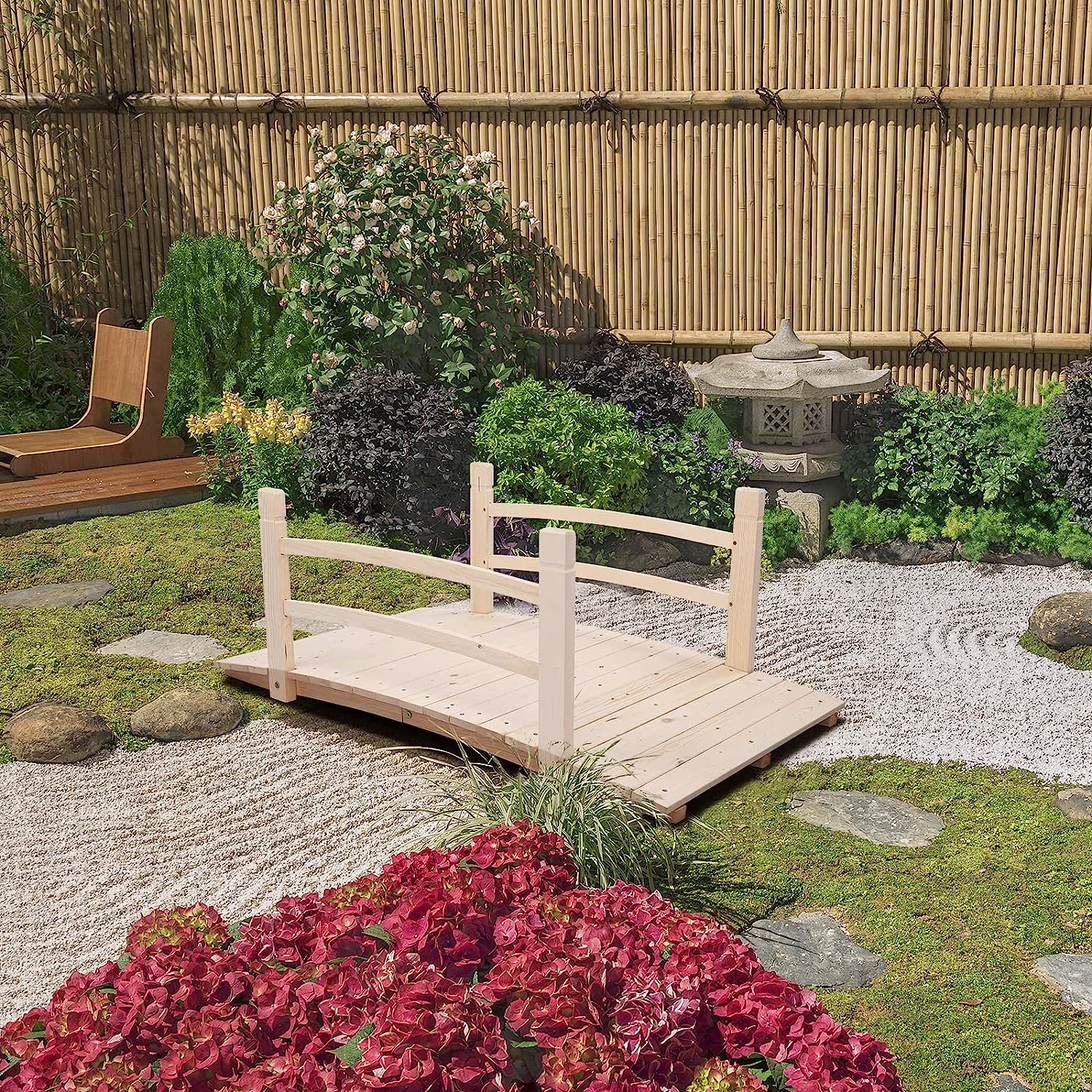 4 ft Garden Bridge, Arch Walkway Wooden Bridge with Safety Rails Natural Finished, Decorative Landscaping Footbridge for Koi Pond, Dry Creek Bed, Garden Pathway or Japanese Zen Decor
