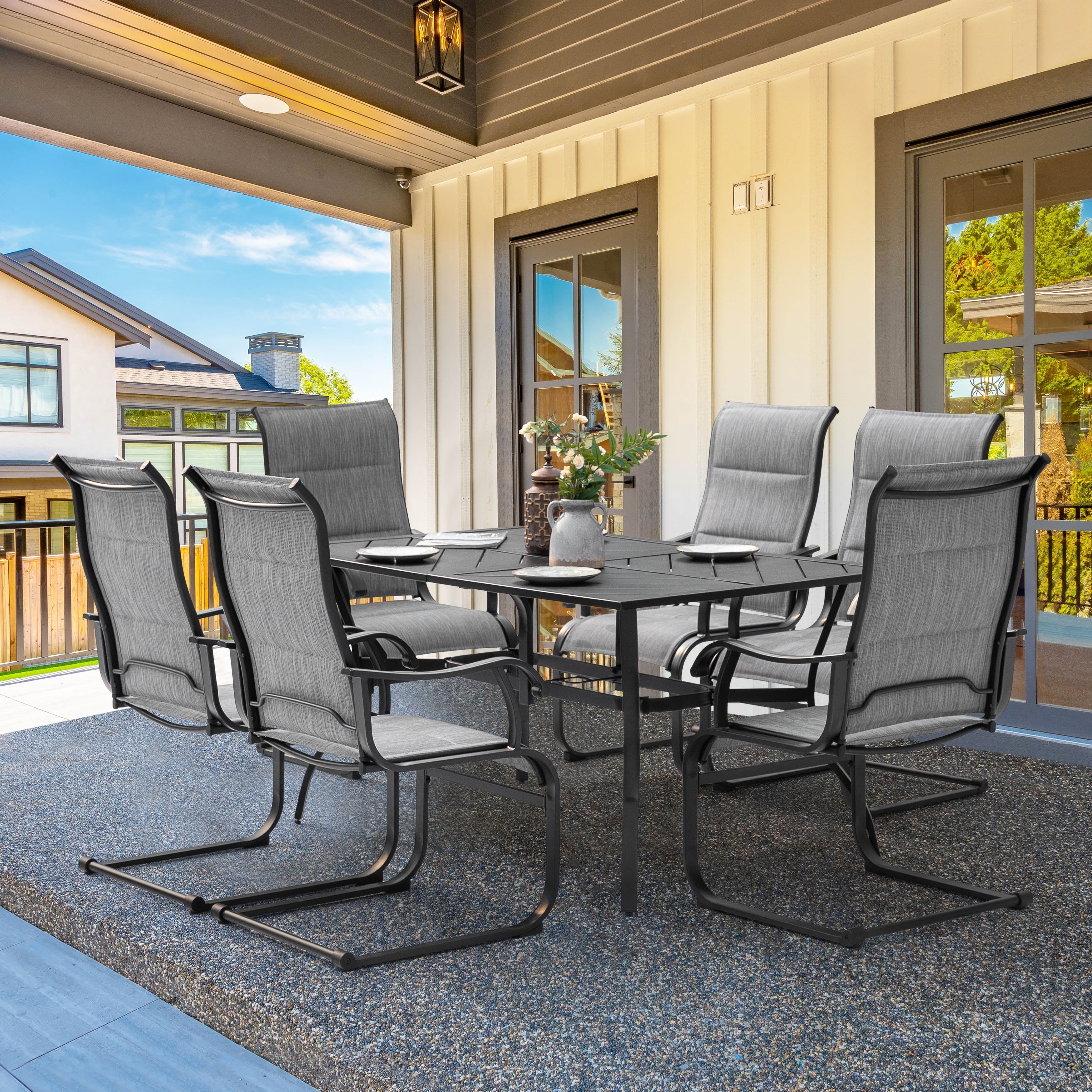 Nuu Garden 7 Piece Outdoor Dining Set, Outdoor Padded Textilene Patio Chairs and 61'' Rectangular Dining Table with Umbrella Hole, Grey & Black