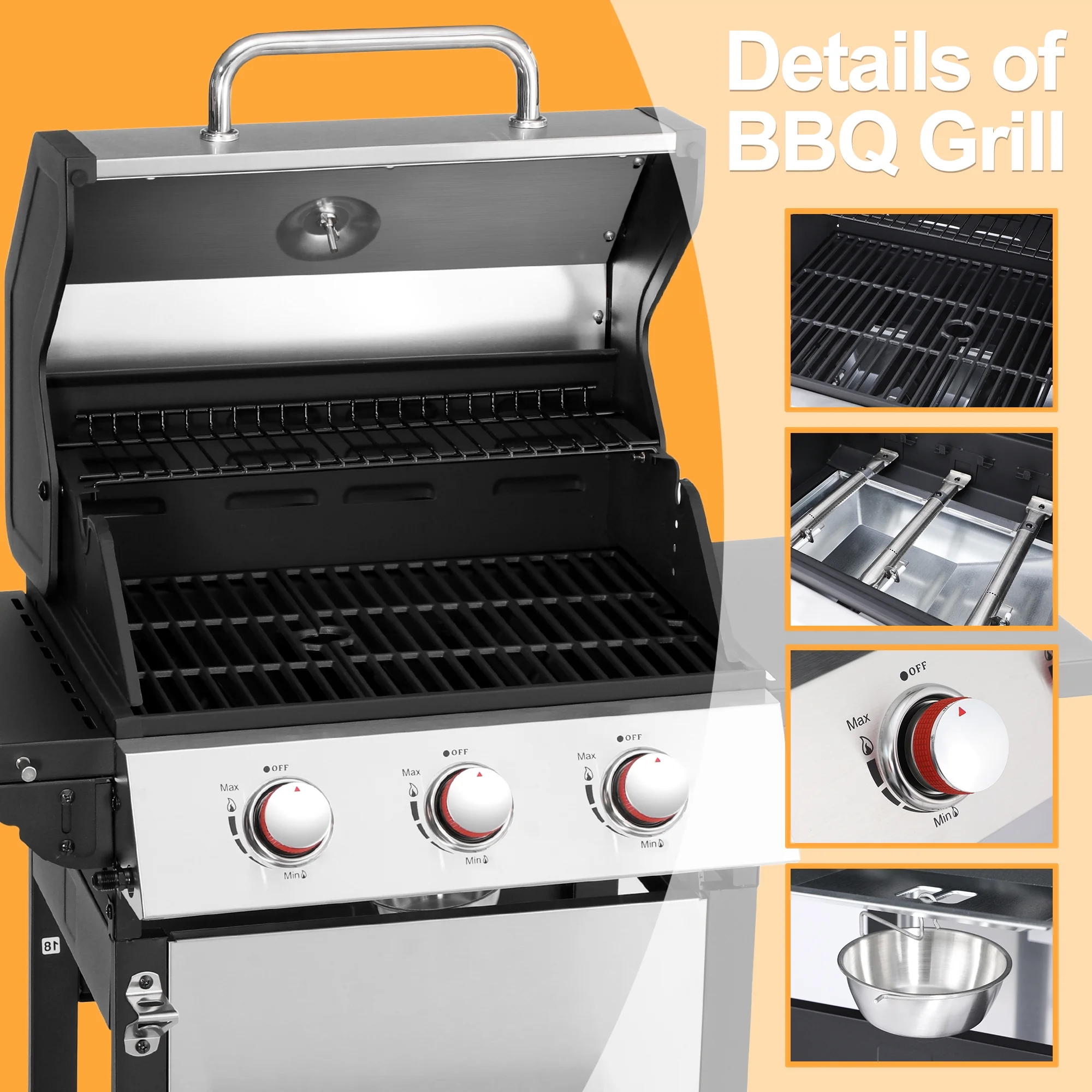 3-Burner Propane Gas Grill with 2 Foldable Side Tables, 30,000 BTU Outdoor BBQ Stainless Steel Grill with Porcelain-Enameled Cast Iron Grates and Thermometer, Easy Assembly for Patio, Backyard BBQ(Pro 3-Burner) - Image 9