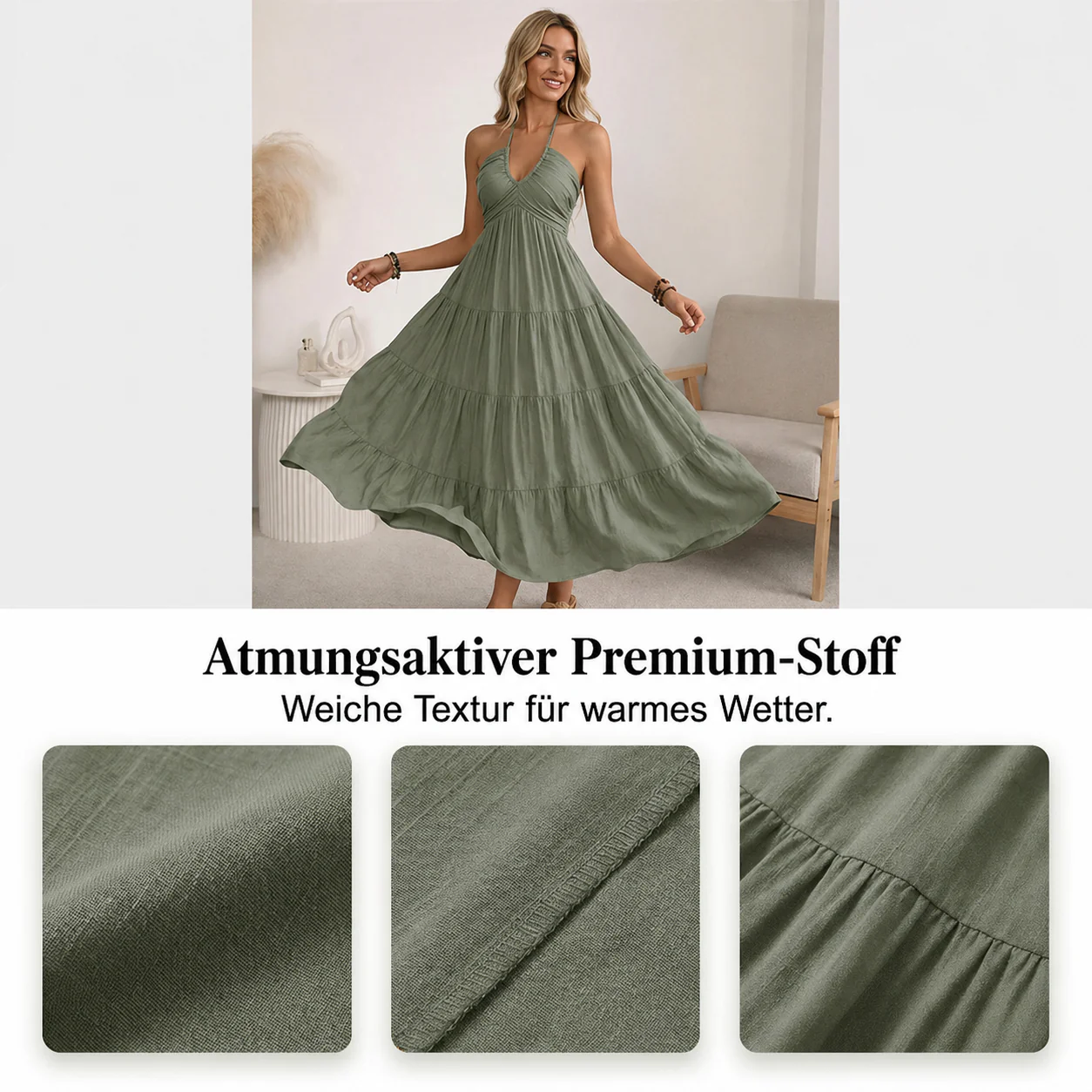 Robe longue dos nu à col halter avec drapés fluides