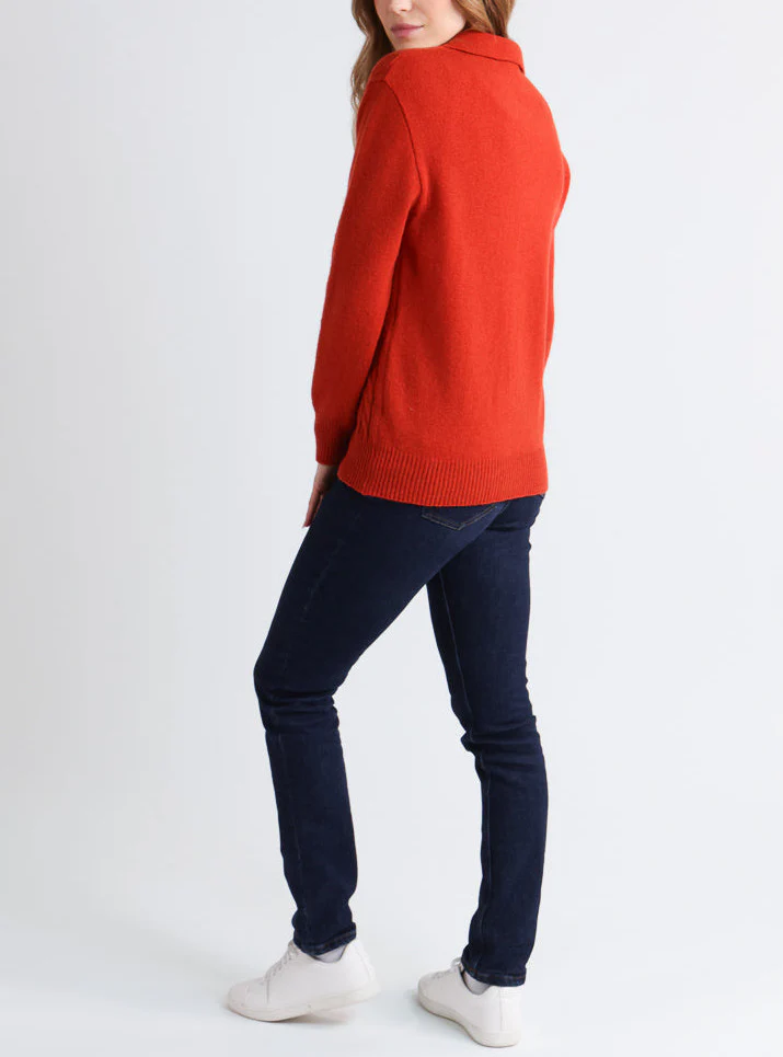 Pull femme laine mérinos col polo orange