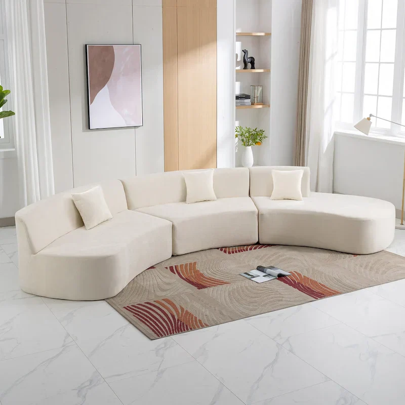 136-Inch Elegant Curved Chenille Sectional Sofa with Three Throw Pillows for Living Room
