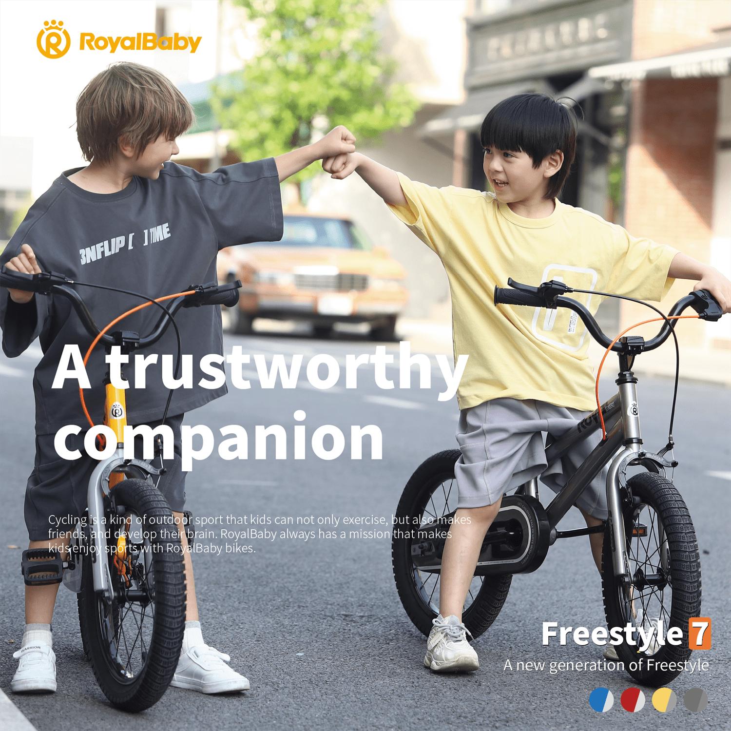 Royalbaby Freestyle 7 Kids Bike Toddlers 14 in Wheel Dual Handbrakes Bicycle Beginners Boys Girls Ages 3 - 5 Years. Kickstand and Water Bottle Included. Blue