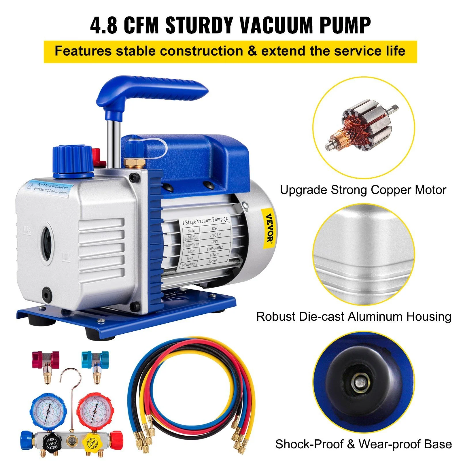 Vacuum Pump 4.8CFM 1/3 HP Single Stage HVAC A/C Refrigeration Kit 5PA Ultimate Vacuum Manifold Gauge Set R410A R134A R22 HVAC AC, 4-Way Manifold Gauge and Hose for Air Conditioning Systems - Image 3