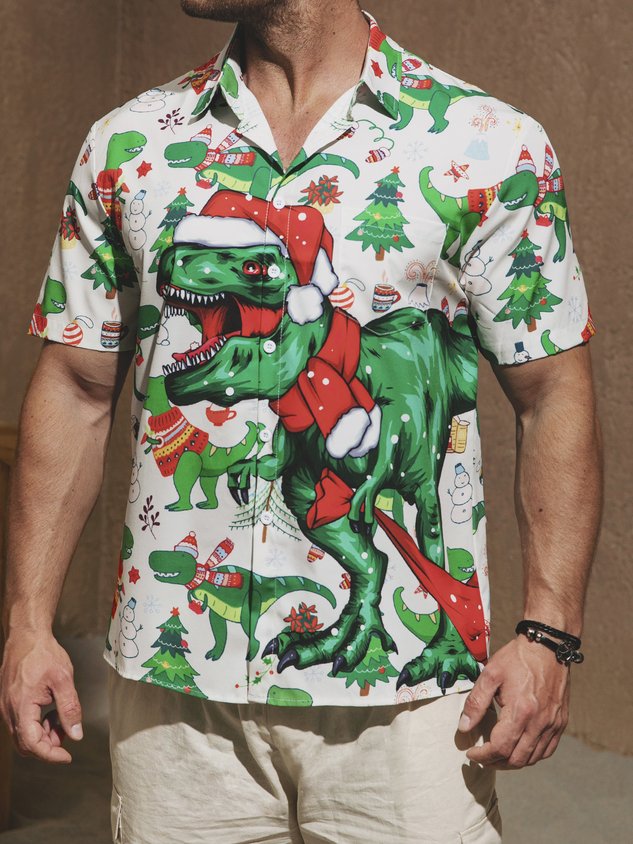 Chemise hawaïenne à manches courtes pour homme, imprimé dinosaure de Noël, avec poche poitrine