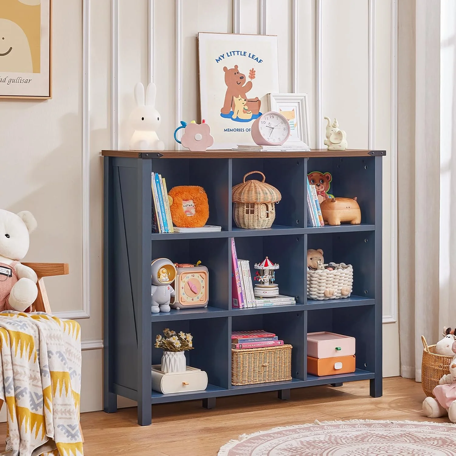 9 Cube Bookcase, Farmhouse 47 Inch Wide Navy Blue Bookshelf, Wooden 3 Tier Display Large Open Book Shelf, Vintage Horizontal Book Case for Home Office, Cubby Storage Cabinet for Living Room(9 Cube (13.6 "D x 47.24 "W x 42.2"H)/Navy Blue) - Image 5