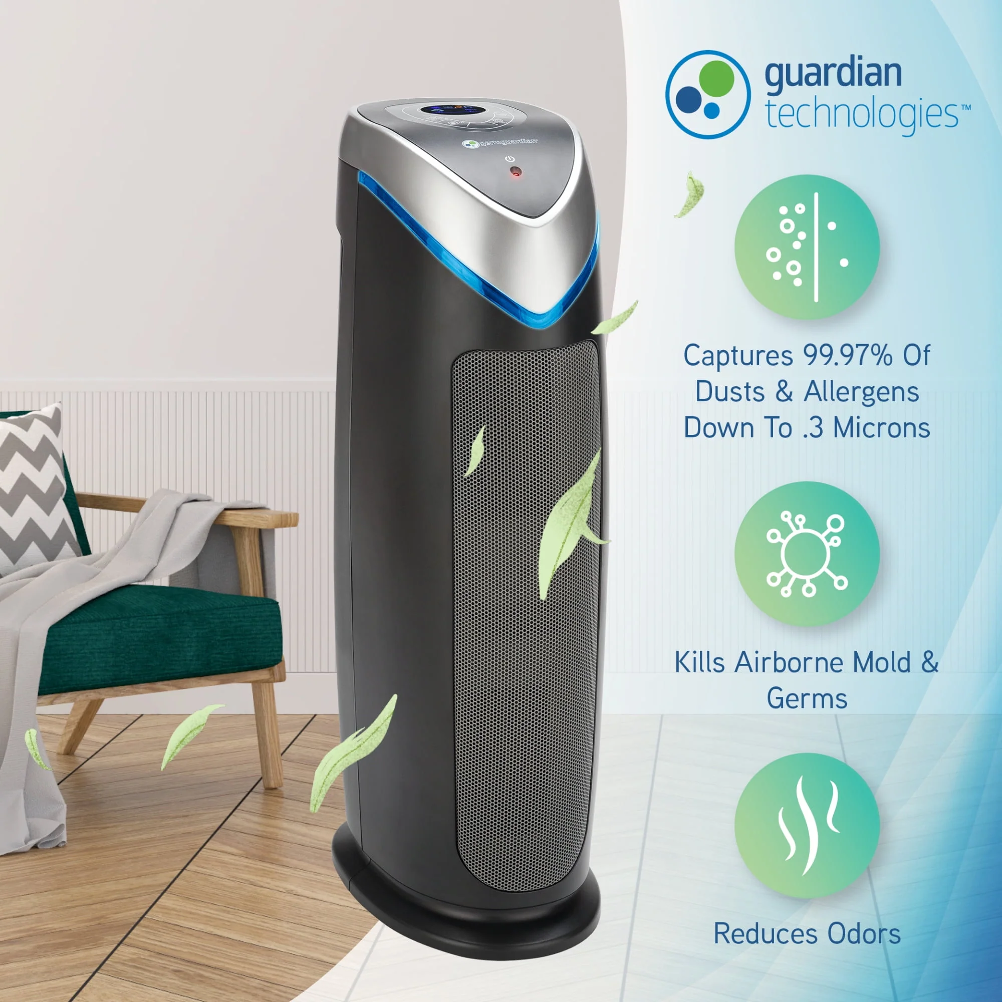 4-in-1 Digital Air Purifier with HEPA Filter, UVC Sanitizer and Odor Reduction, 22-Inch Tower