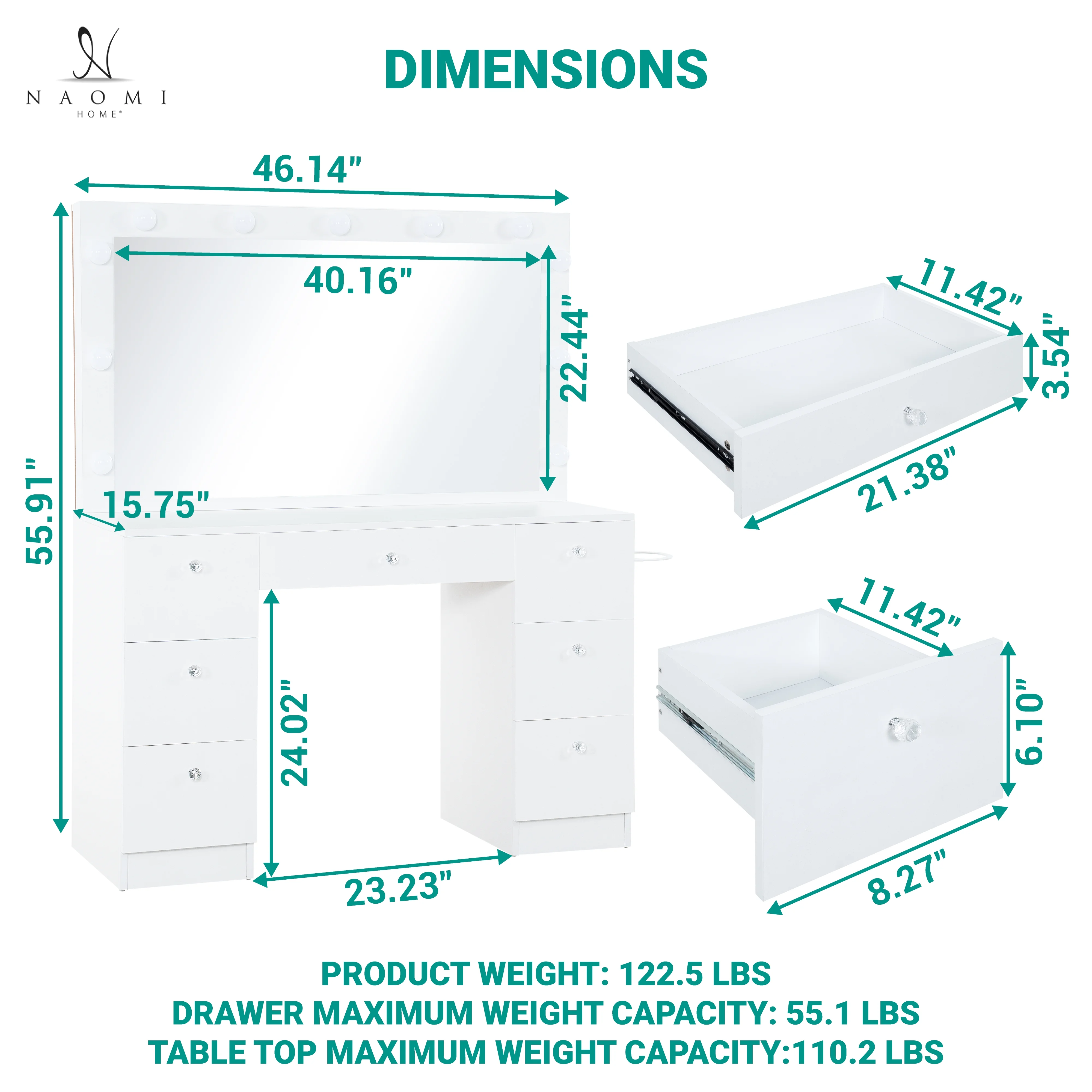 Naomi Home Vera Makeup Deluxe Vanity Table Set, 7 Drawers, 11 Lights, Oversized Mirror, White(White)