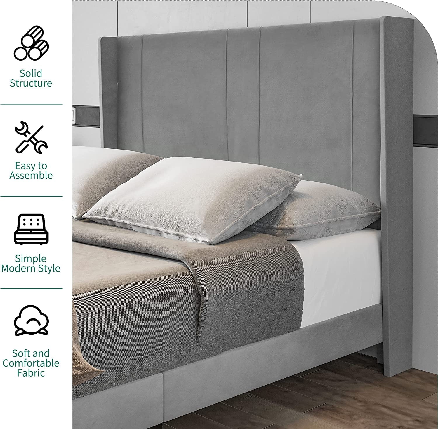Upholstered Wingback Platform Bed with Gray Velvet Headboard, Bed Frame with Wood Slat / No Box Spring Needed / Mattress Foundation, Full - Image 3