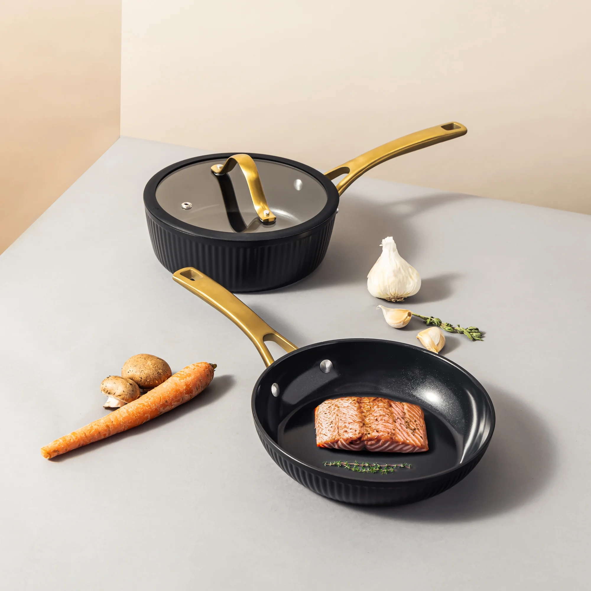 Thyme & Table 12 - Piece Nonstick Signature Ribbed Cookware Set, Pots and Pans Set - Black & Gold