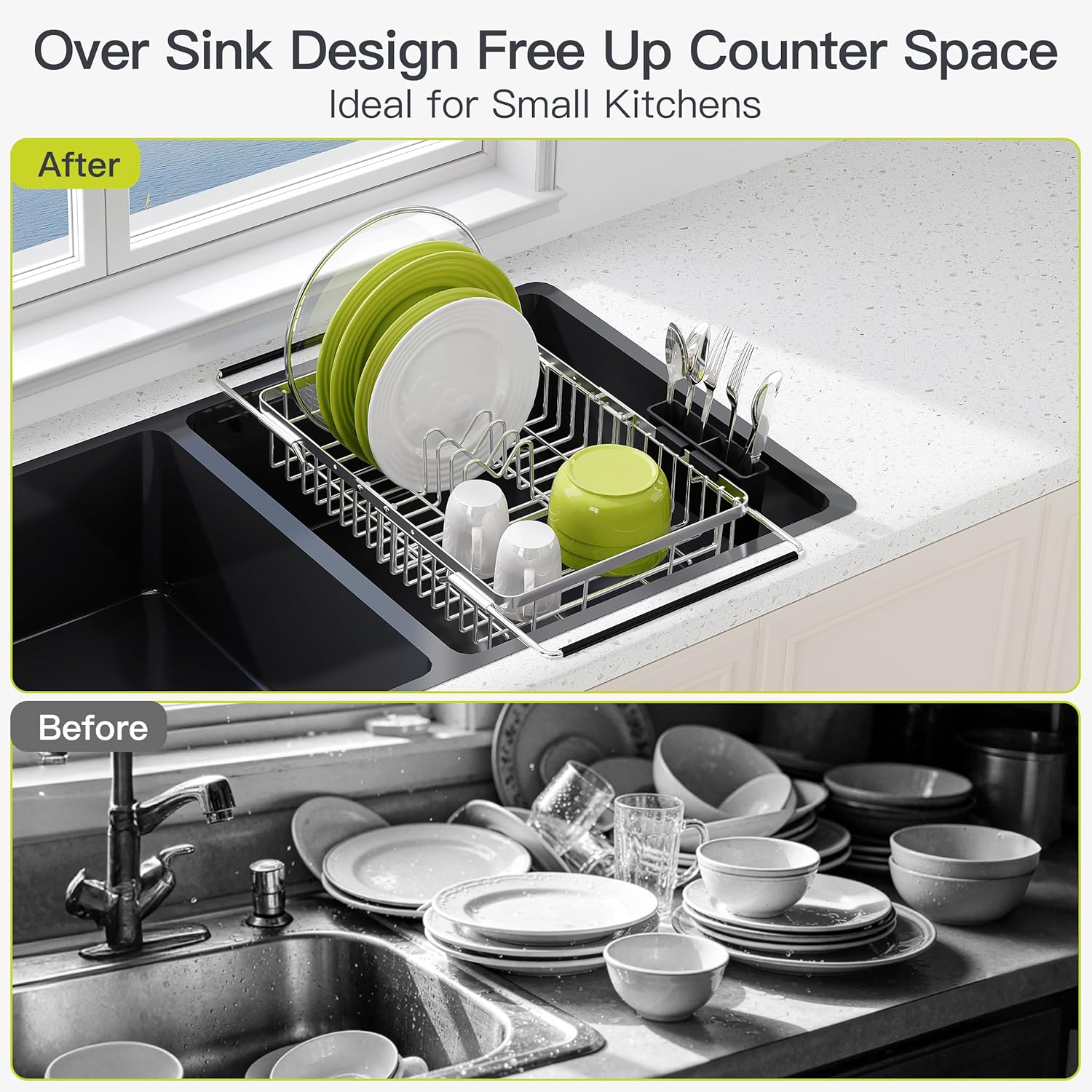 JASIWAY Expandable Dish Drying Rack Over the Sink with Utensil Holder