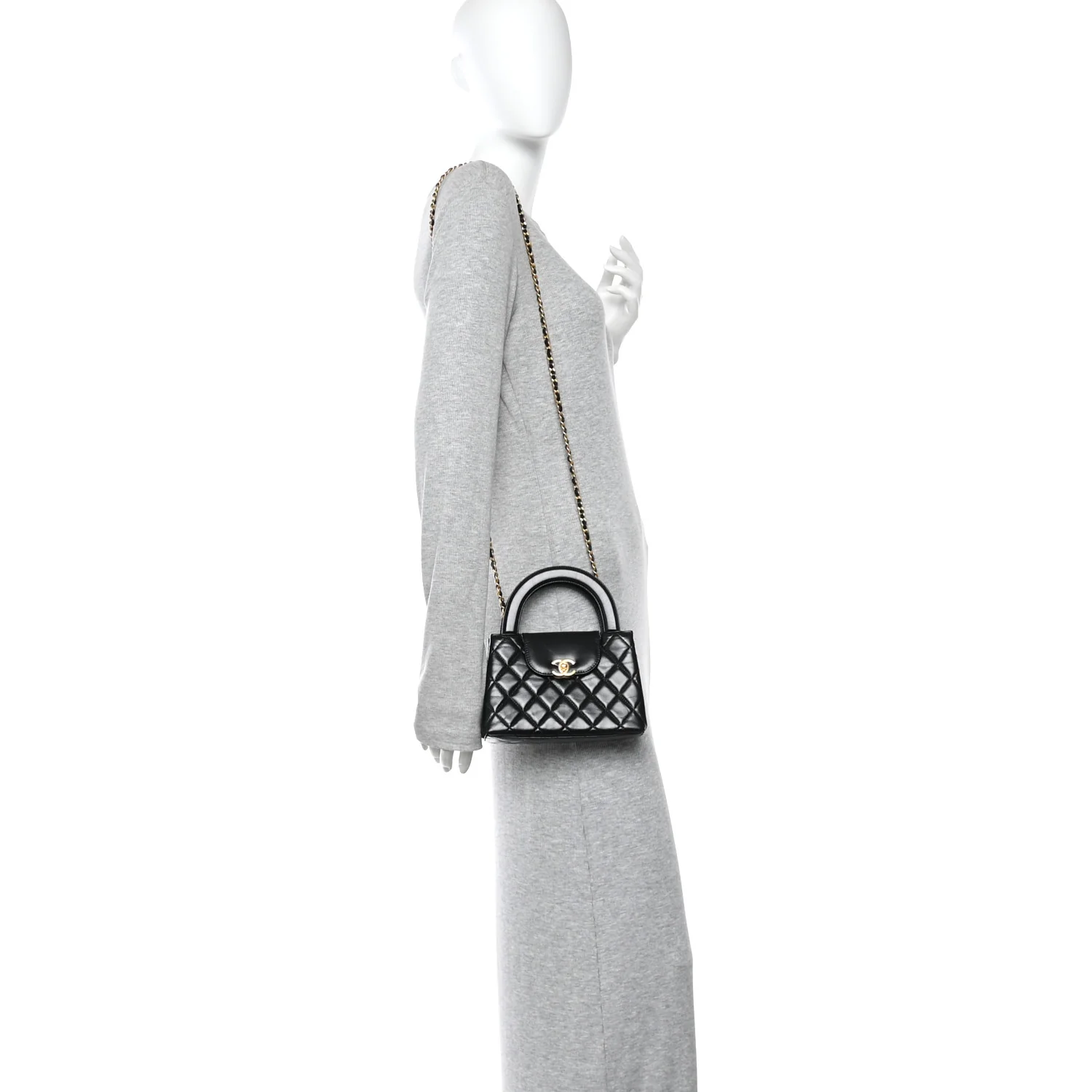 Shiny Aged Calfskin Quilted Nano Kelly Shopper Black