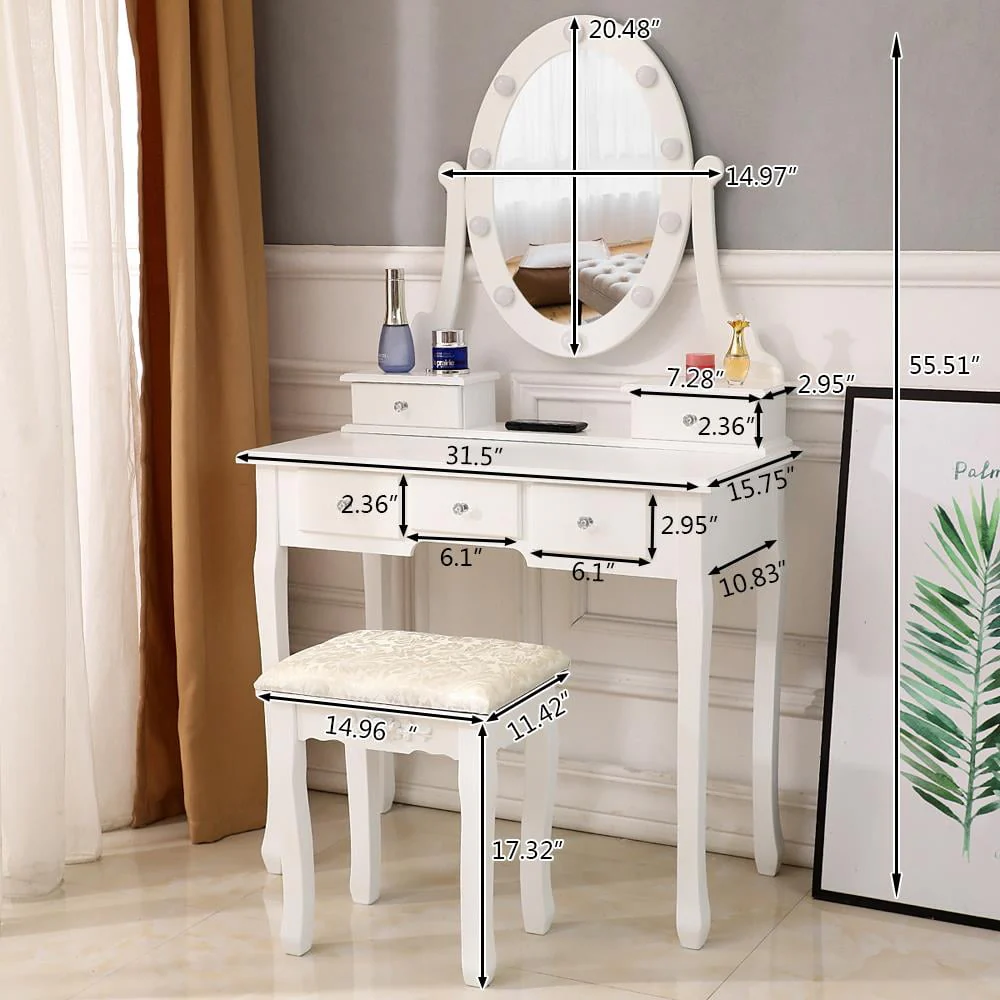 Vanity Table 10 LED Lights, 5 Drawers Makeup Dressing Desk with Cushioned Stool Set,Bedroom Vanities Set White - Image 5