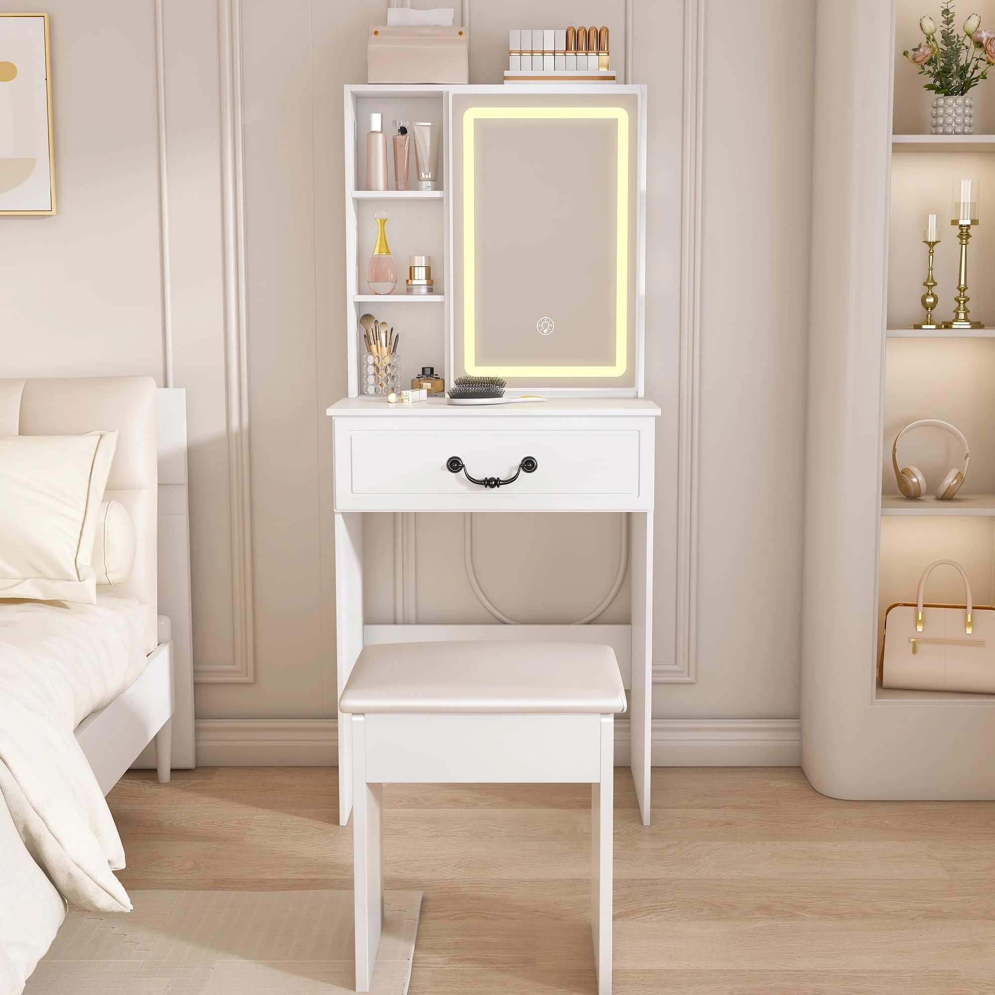 Modern Mini Vanity w/Adjustable LED Mirror + Hidden Storage, Padded Stool Dustproof Shelves (White)(White-S7) - Image 2