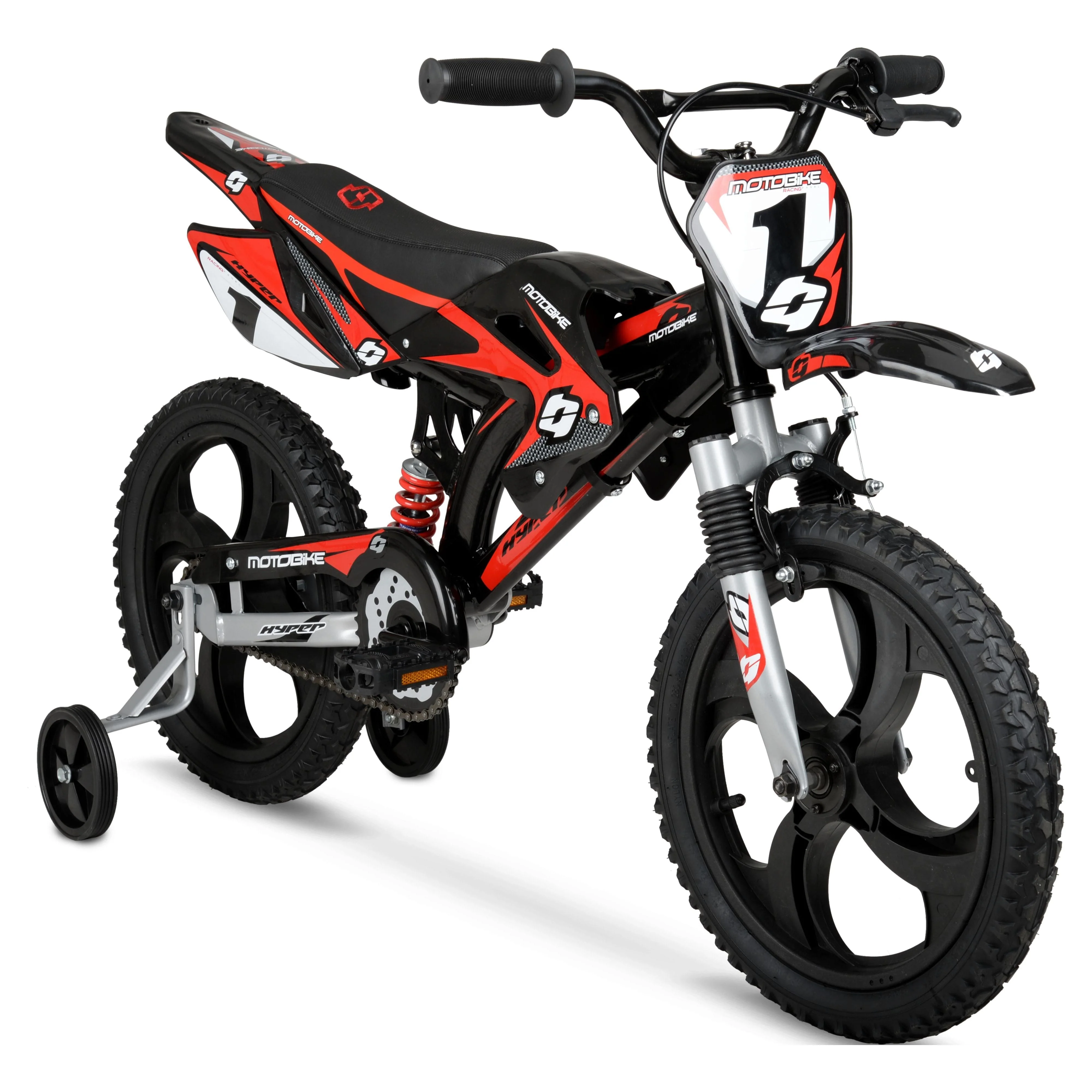 16" Kids Motobike with Mag Wheels, including training wheels, Black/Red